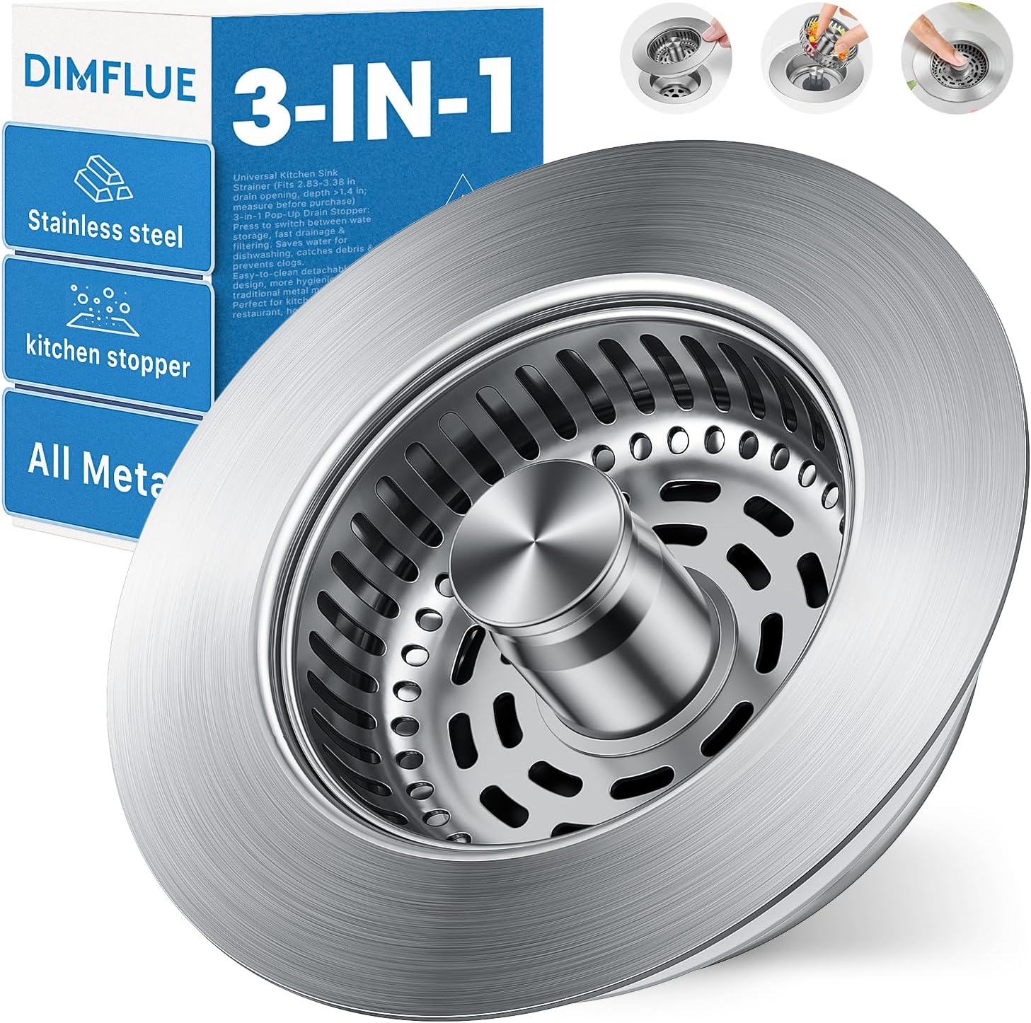 1S-Install Upgraded Kitchen Sink Strainer & Stopper – Pop-Up Fast Drain, Anti-Clog Basket & Deodorizing Cover – Fits US Standard 3.5 in Drain, 3 in 1 Stainless Steel Sink Drain Strainer