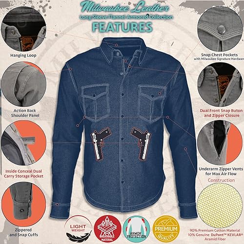 Miniatura 2 de Milwaukee Leather Camisa de motociclista de franela a cuadros para hombre con armadura CE - Reforzada con fibras de aramida  MPM