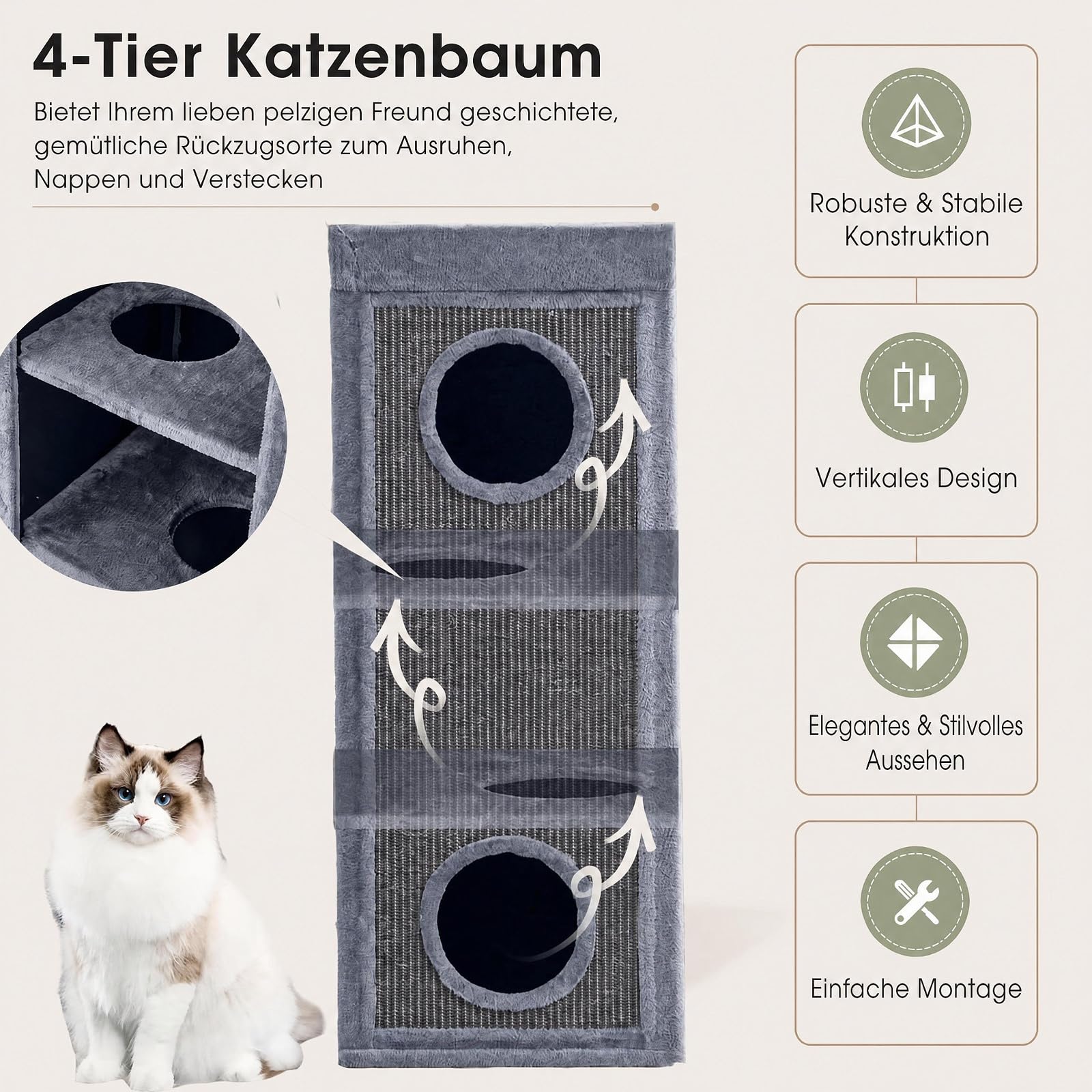 GOPLUS Kratztonne mit 3 Höhlen, Kratzbaum mit 3 Verstecken (Hellgrau)