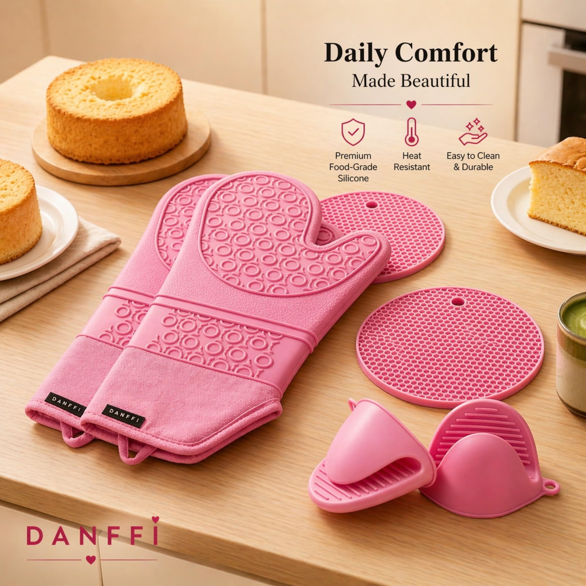 Silikon-Ofenhandschuhe und Topflappen, hitzebeständige Küchenhandschuhe, rutschfester, strukturierter Griff, flexibles Silikon mit weichem Baumwollfutter (6 Stück, Rosa)