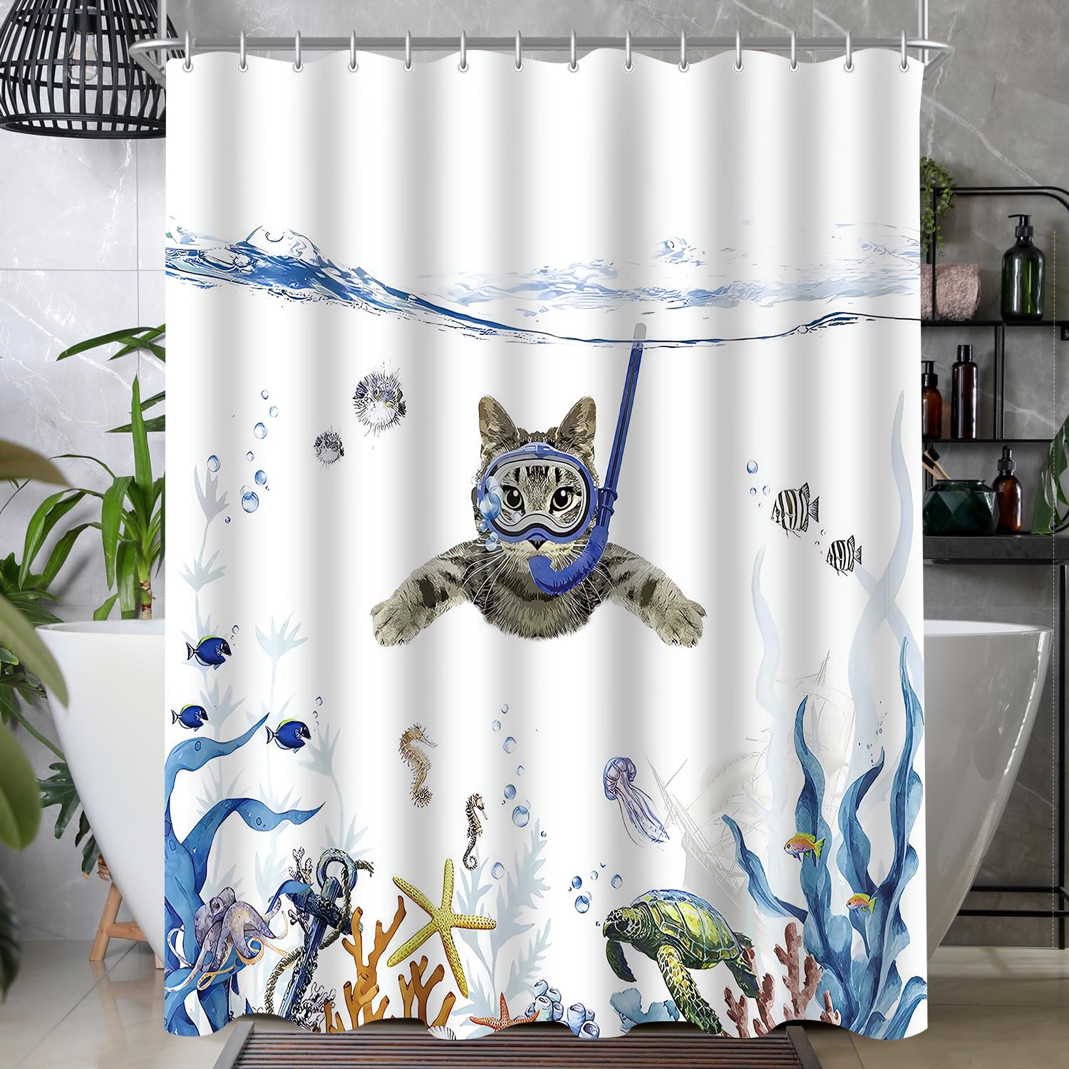 Lerores Cortina de ducha de 120 x 200 cm, tela antimoho, dobladillo con peso, impermeable, lavable, tela de poliéster, 12 cortinas con ojales y anillas de cortina de ducha para baño, bañera