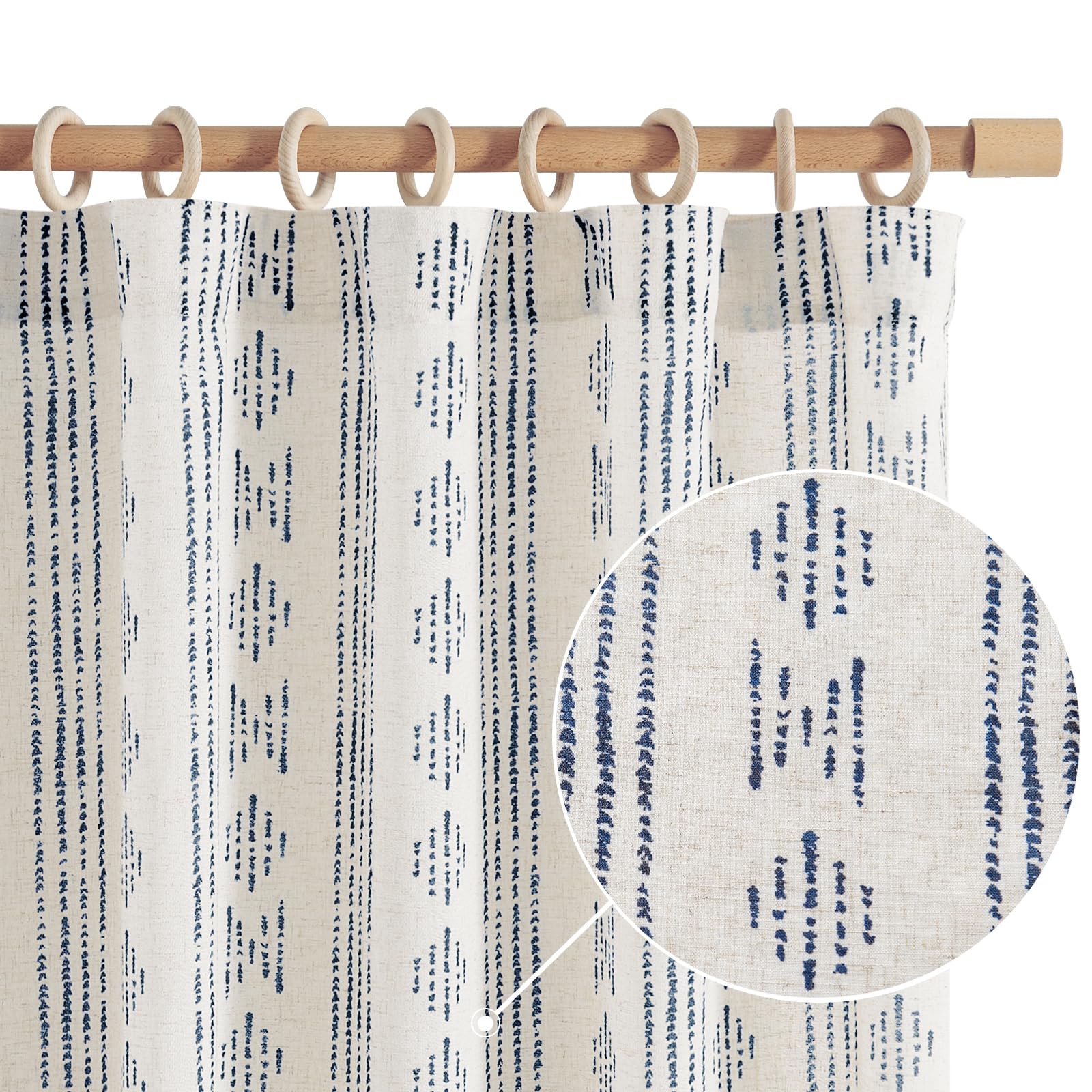 jinchan Boho Curtains Linen Curtains for Living Room Farmhouse Blue Curtains 84 Inch Length 2 Panels for Bedroom Geometric Striped Mudcloth Light Filtering Window Drapes Rod Pocket Blue on Beige