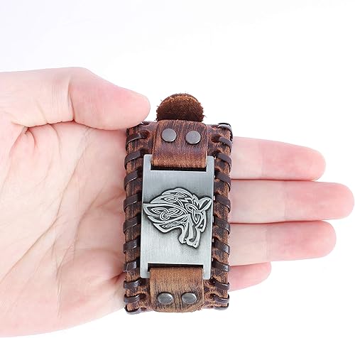 Miniatura 3 de HAQUIL Pulsera vikinga wicca egipcia negra marrón ancha de cuero pulsera antigua medieval joyería regalo para hombres
