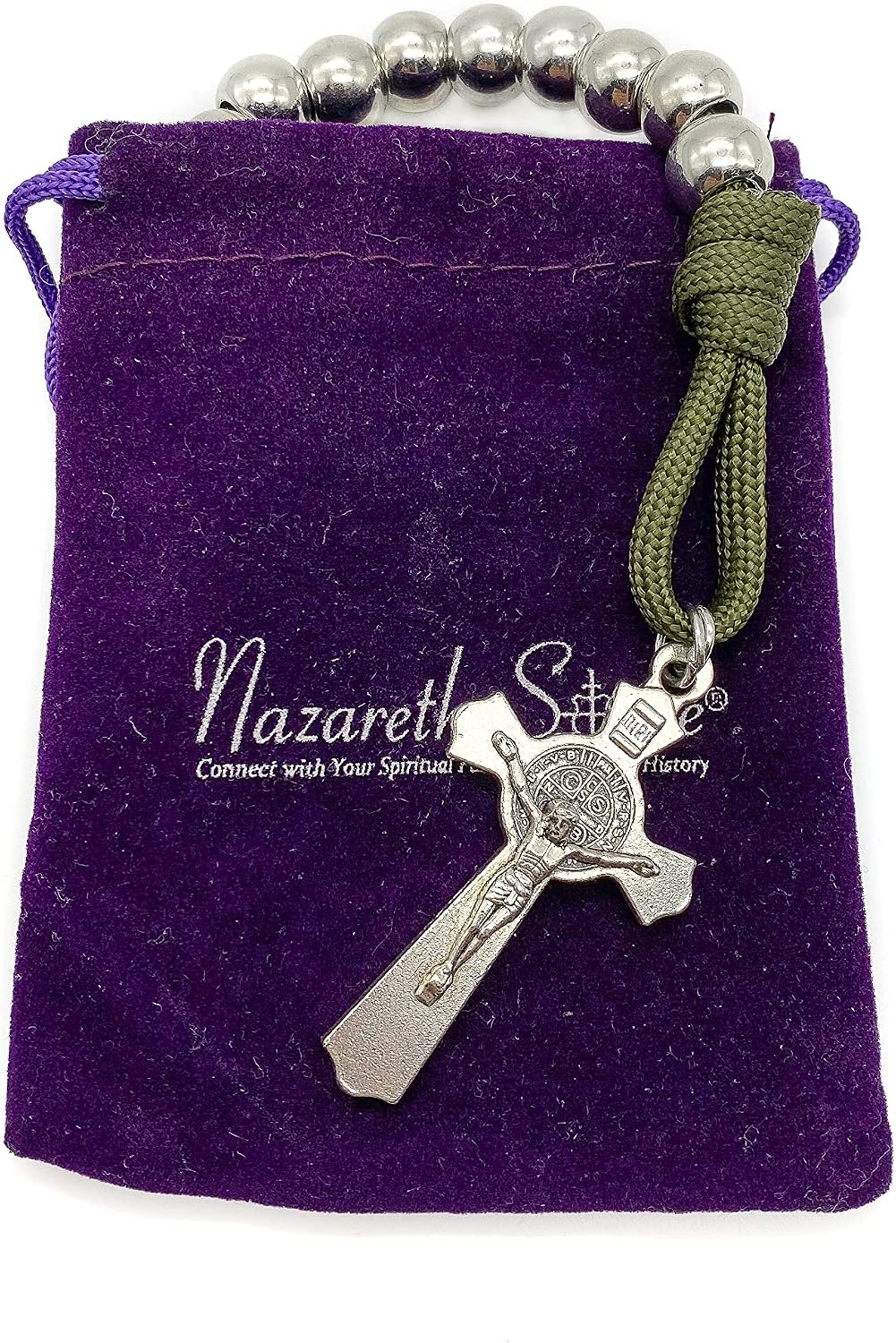 Nazareth Store Strong Military One Decade Paracord Rosary Silver Beads Pocket Car Rosary Pray For Us St. Joseph Medal & St. Benedict Cross