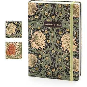 Notebook A5 Lined with Fabric Cover Retro Gold Print Hardcover Journal with 212 Pages 80 g Paper Vintage Diary with Elastic Band & Inner Pocket for Office School & Study - White Flower