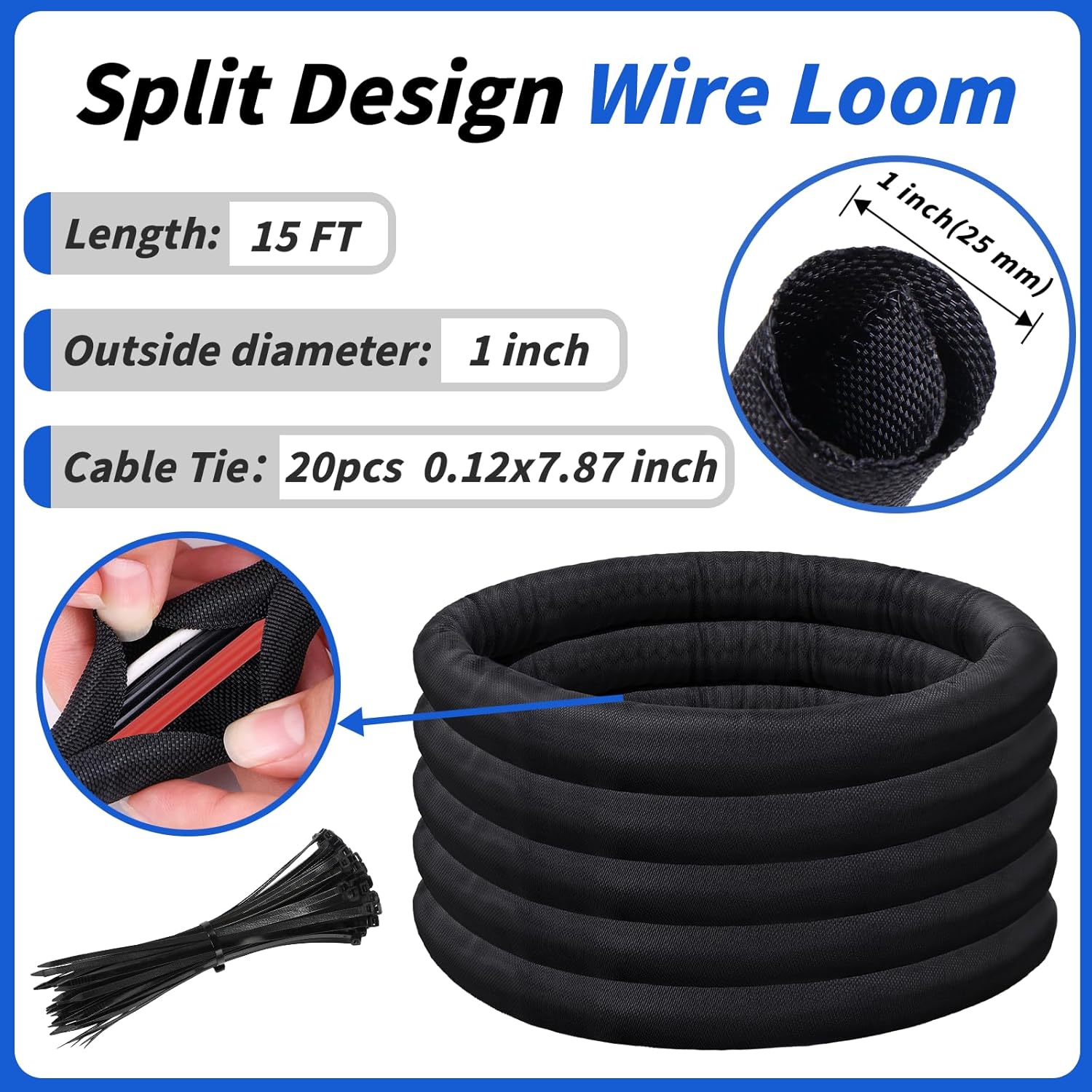 15FT Split Braided Sleeve Cable Management, 1 Inch Wire Loom Tubing Cord Protector Self-Wrapping, Flexible Cable Sleeve Cord Management for Automotive TV Computer Electrical Cable Protection