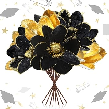 Giegxin 8 Pcs Glitter Black Gold Graduation Decorations Class of 2026 Flowers Black and Gold Centerpieces for Tables Artificial Magnolia Stems for College High School Grad Party Decor
