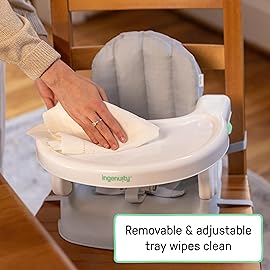 Ingenuity Deluxe Comfort Booster Seat for Kitchen Chair, Compact Fold, Portable, Lightweight, Toddler Booster Seat for Dining Table, from 6 Months to 3 Years - Grey