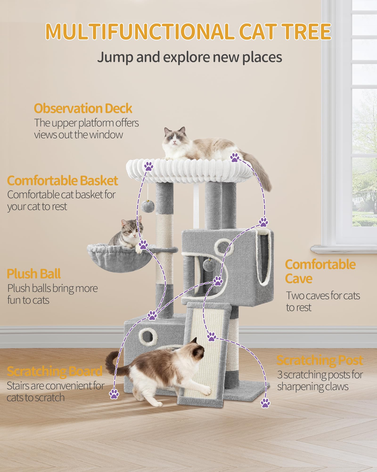Hzuaneri Árbol para Gatos 98 cm, Rascador para Gatos con 3 Postes, Plataforma, 2 Cuevas, Cesta, Pompón, Multinivel, Gris Claro MS10118LG | Mueble de casa de gatos multinivel con poste rascador, 2 cuevas, plataforma grande, pompón, MS10118LG