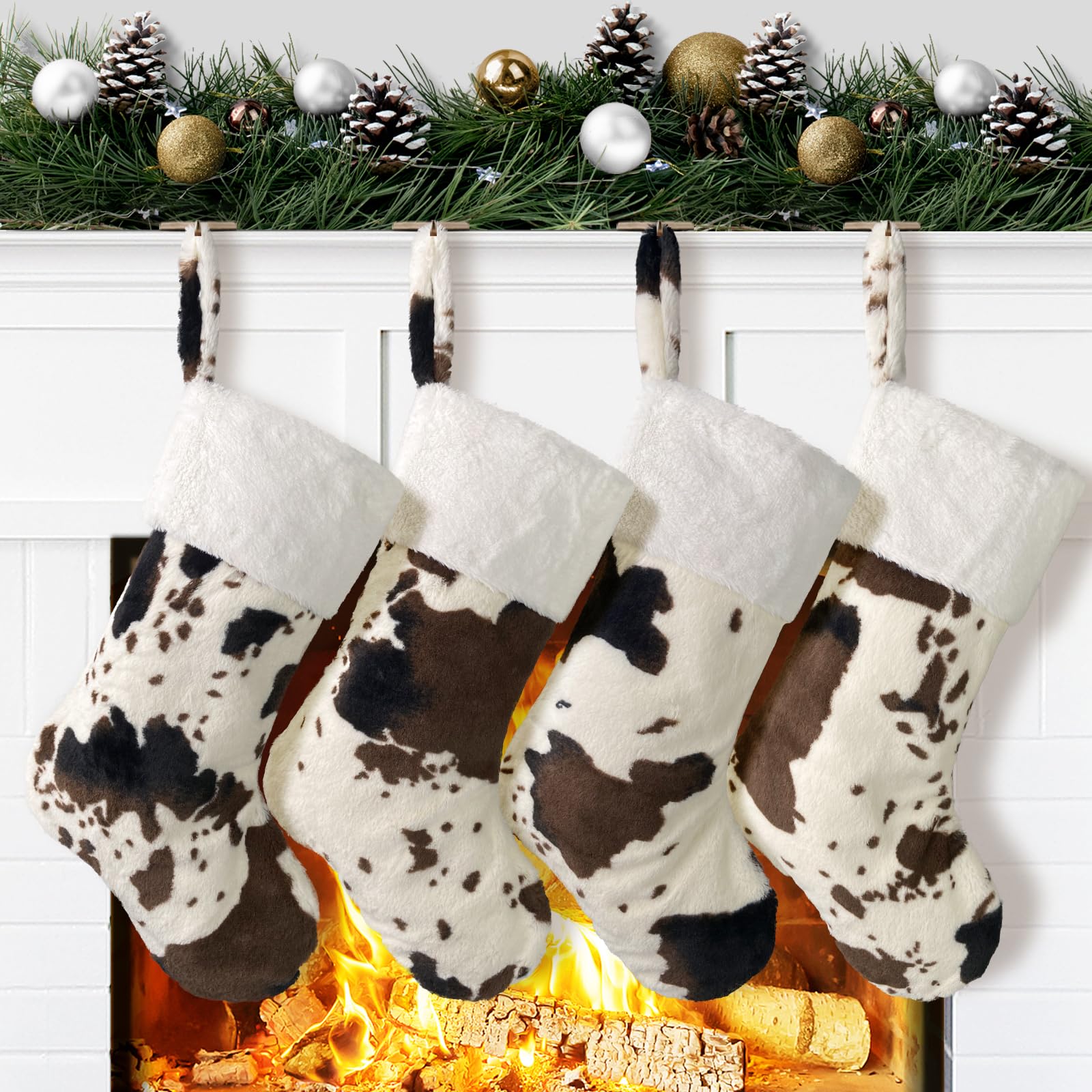 Amidaky Christmas Stockings 4 Pack Bulk Cow Print Christmas Stockings White Cuff Western for Family Holiday Decorations