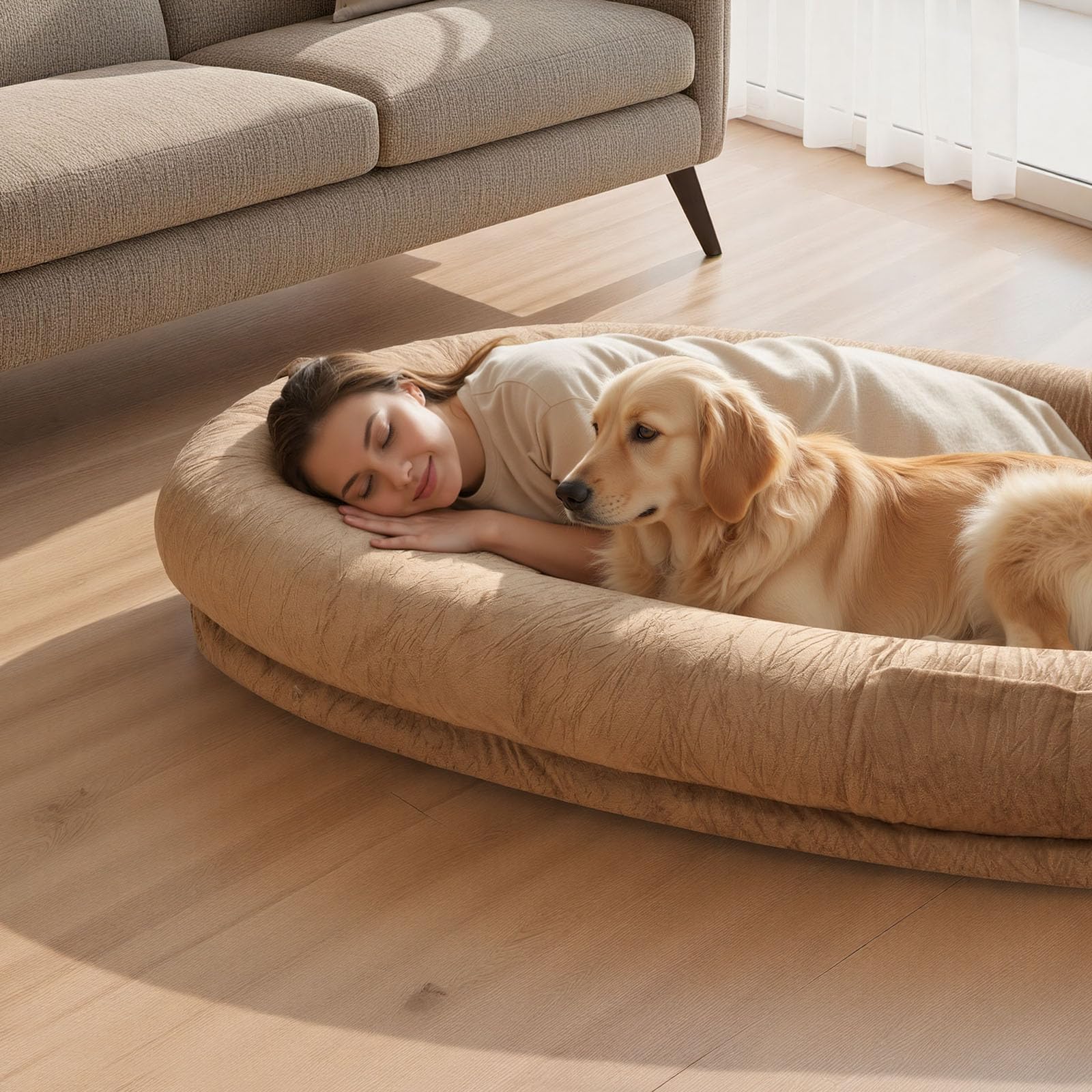 VEVOR Cama para Perros de Diseño Ovalado, Tamaño Humano, 177 x 123 x 24 cm, Ortopédica, de Espuma Viscoelástica, con Bolsillo Lateral, Asa y Cremallera, Funda Extraíble y Lavable a Máquina, Marrón