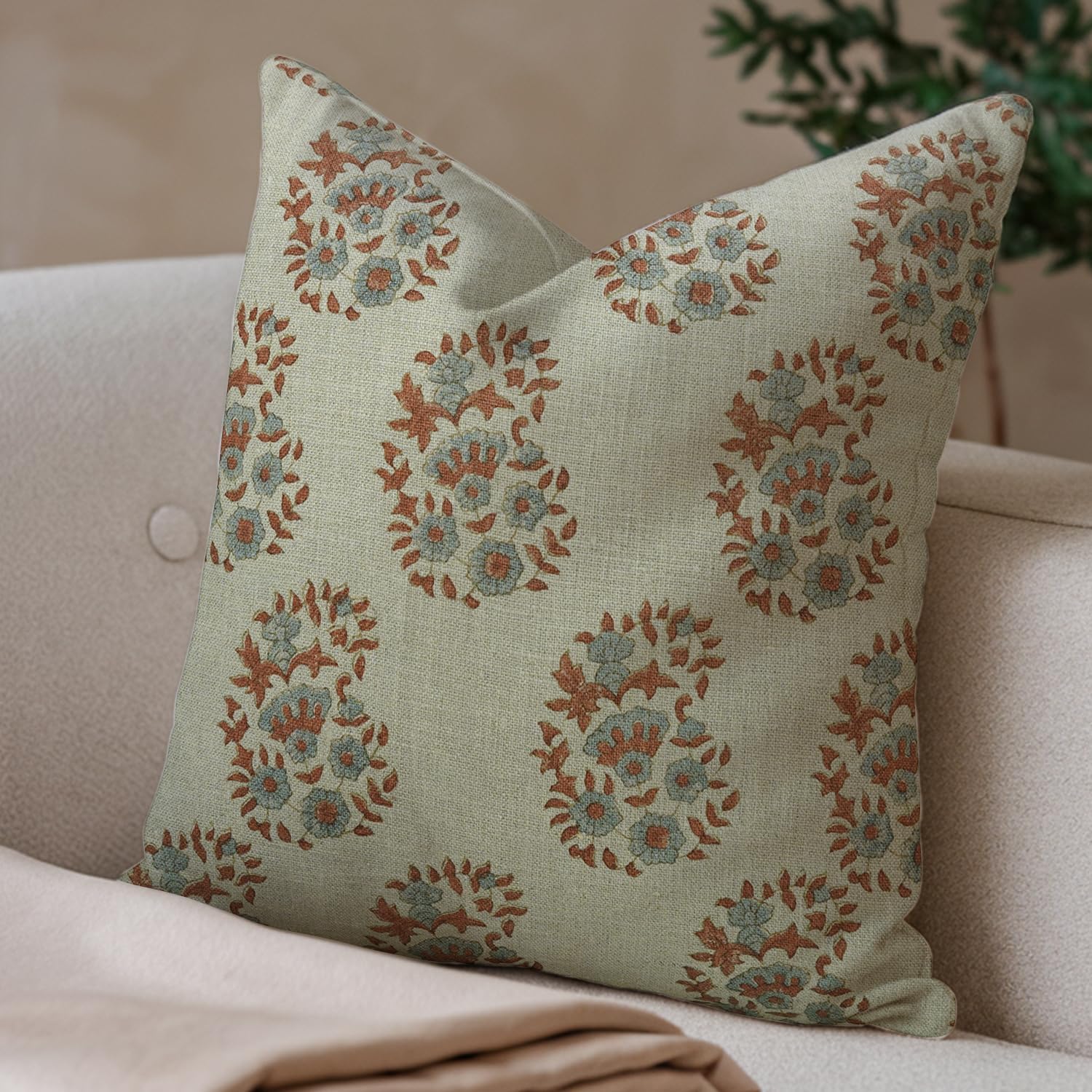 Artistic Handmade Rust Brown Block Print Pure Linen 14x20 Inch Throw Pillowcase Cushion CoverDecorative for Bedroom, Living Room, Sofa & Couch,Outdoor-Anar Kali