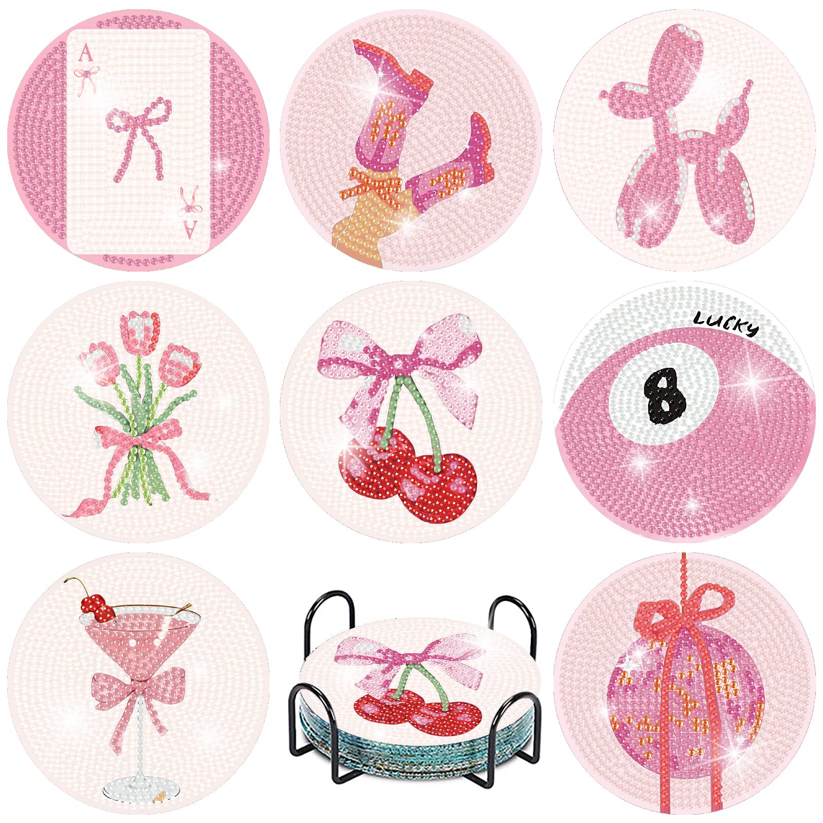 8 Pcs Pink Disco Diamond Painting Coasters Kits with Holder, Diamond Art Coasters Kits for Adults Beginners, Non-Slip DIY Dot Paint Craft Kits, 5D Full Drill DIY Diamond Dot Gem Art Kit Home Decor