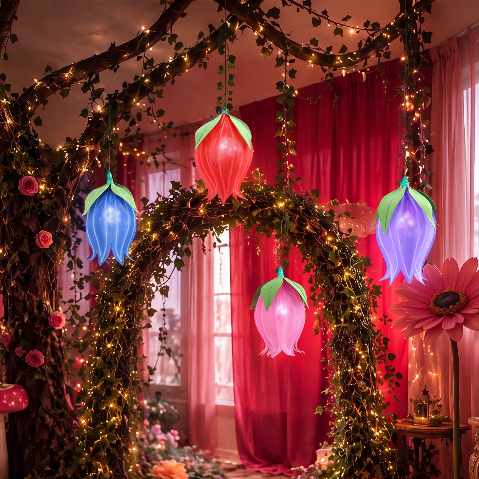 XunYee Verzauberte Waldfee, LED-Kunstlilien des Tals, hängende Dekoration mit Pothos-Reben, Wildblume, 3D-Fee, Party-Dekorationen für Gartenparty, Wald, Geburtstag, 6 Stück (mehrfarbig)