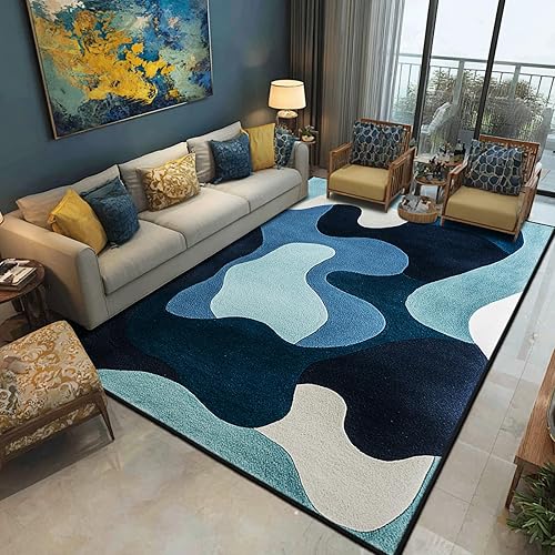 Miniatura 9 de Alfombra de área AQQA 5x7 azul y verde, abstracta, lavable, alfombra antideslizante, alfombra gruesa de pelo bajo, grandes alfombras para sala de