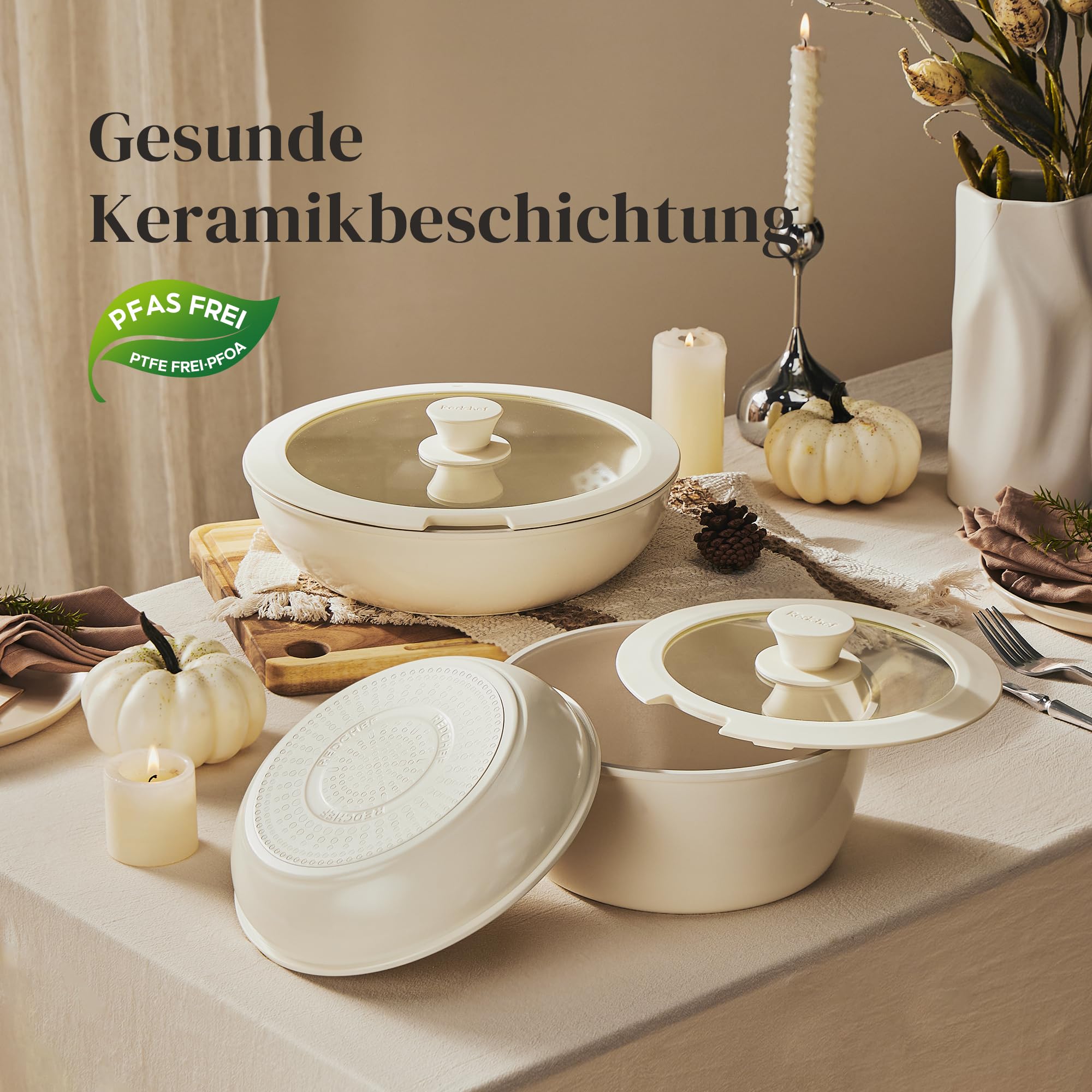 Redchef Set di pentole da 16 pezzi, antiaderente in ceramica, con manici rimovibili, padella da 20/26 cm, padella da 26 cm, pentola da 18/20 cm, impilabile per tutti i piani cottura, adatto al forno