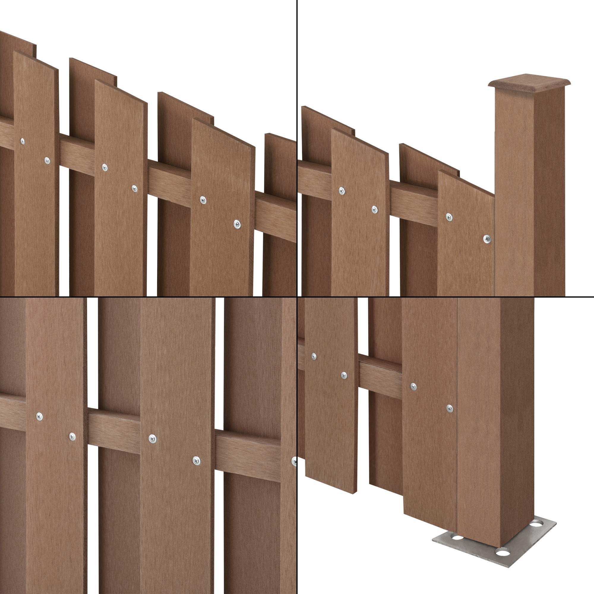 NEU.HOLZ Steccato ad Arco per Giardino Staccionata con Doghe e 2 Colonne in WPC Legno Composito Recinzione a Forma Curva con Base in Acciaio 185 x 193 cm - Marrone