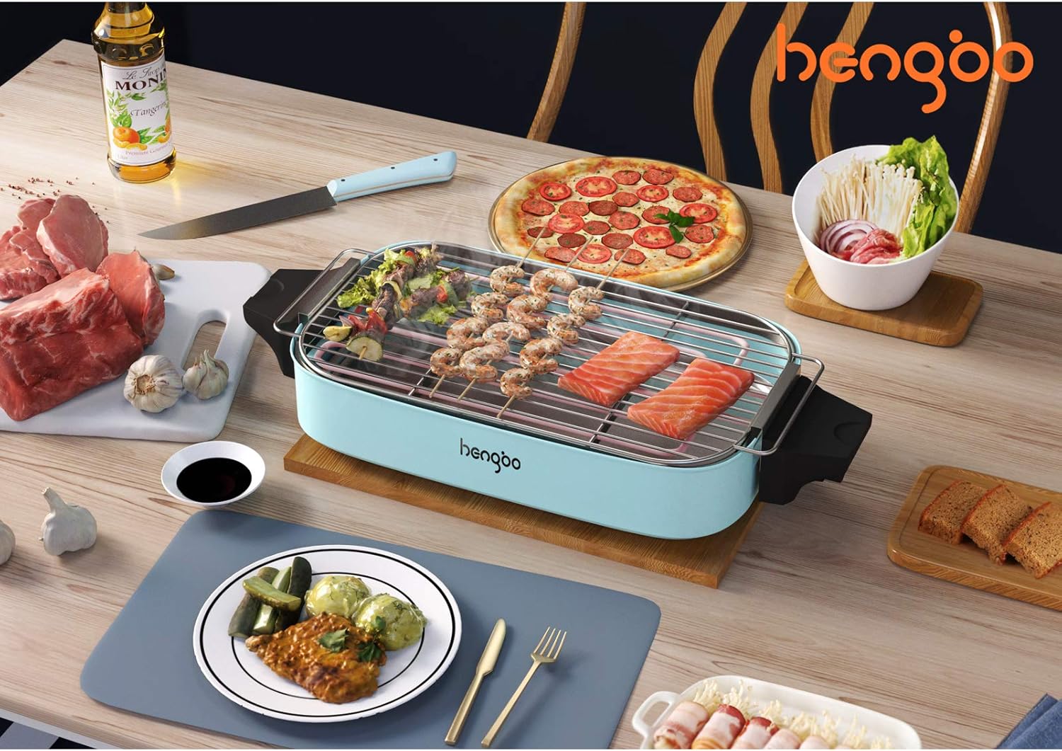 HengBo Barbecue Elettrico Griglia Elettrica Barbecue Senza Fumo, Temperatura Regolabile, Superficie della Griglia 38 x 24 cm, per un Massimo di 5 Persone, Vassoio Raccogli Gocce, 1800 W, Azzurro HengBo Barbecue Elettrico Griglia Elettrica Barbecue Senza Fumo, Temperatura Regolabile, Superficie della Griglia 38 x 24 cm, per un Massimo di 5 Persone, Vassoio Raccogli Gocce, 1800 W, Azzurro