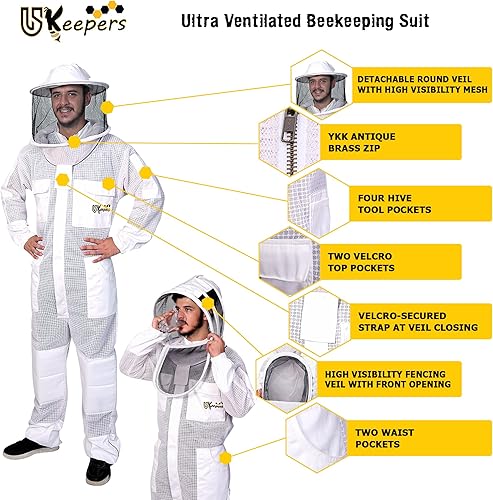 Miniatura 4 de Traje de abeja ultra ventilado de 3 capas para hombres y mujeres, traje de apicultura prémium con guantes de abeja y dos velos de apicultura