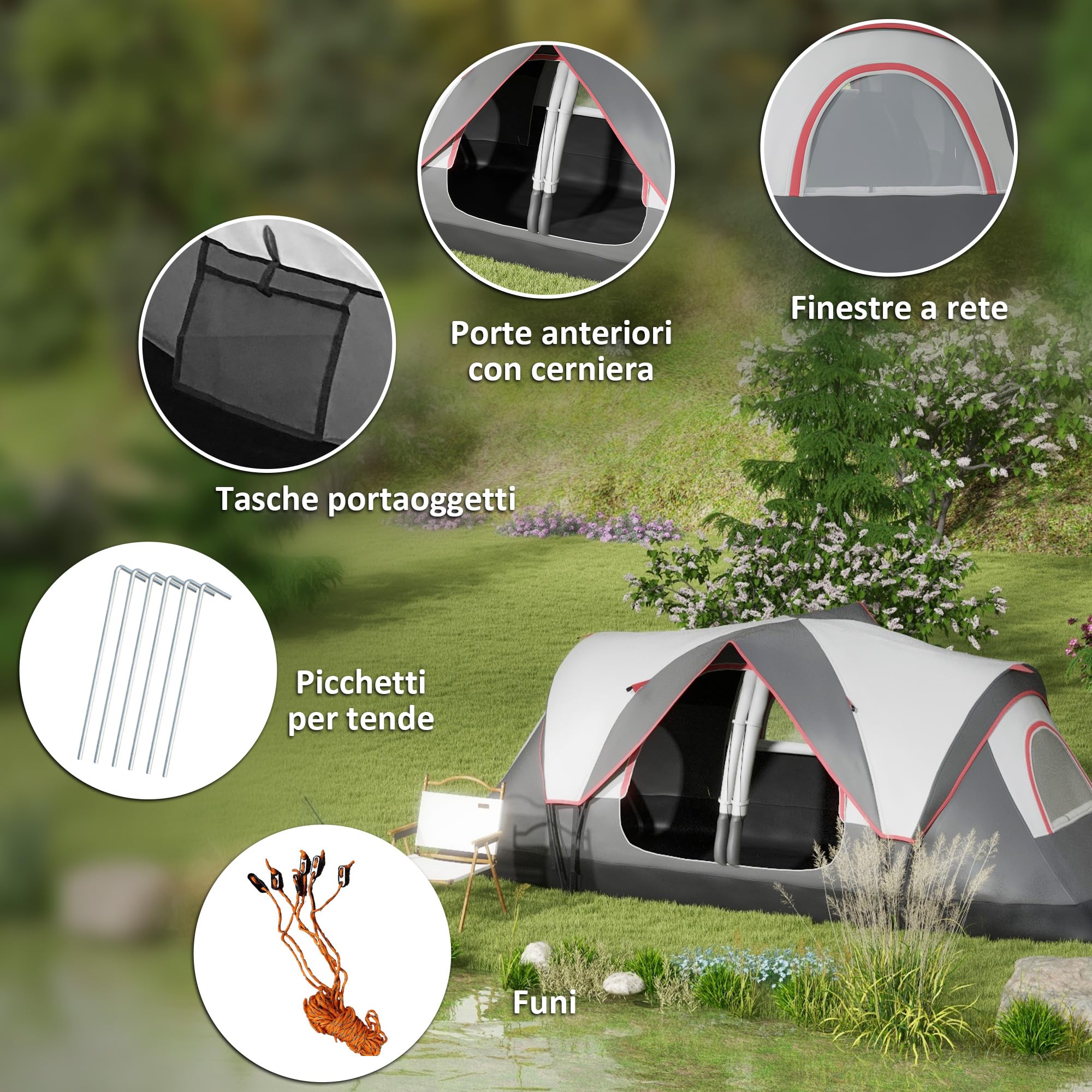 Outsunny Tente de Camping familiale 6-8 pers. Double Toit légère ventilée Facile à Monter - moustiquaire et Sac de tranport Inclus - Fibre Verre Polyester
