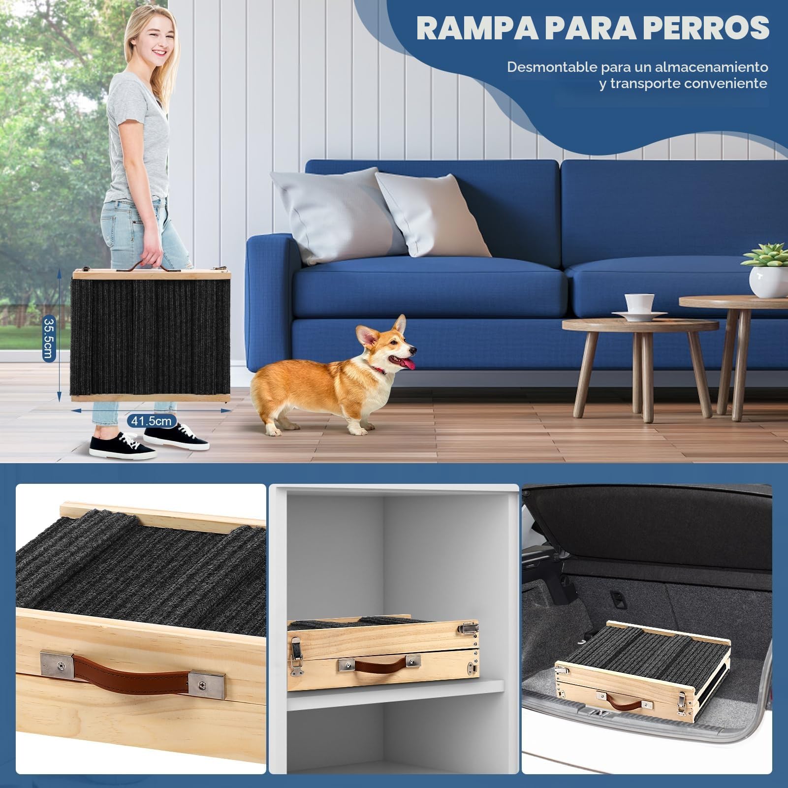 Rampa Plegable para Perros de Madera para Cama, sofá, rampa Ajustable para Perros pequeños, Altura 25-52 cm, Longitud 83 cm, Ancho 35cm, Superficie Antideslizante, Escalera para Perros