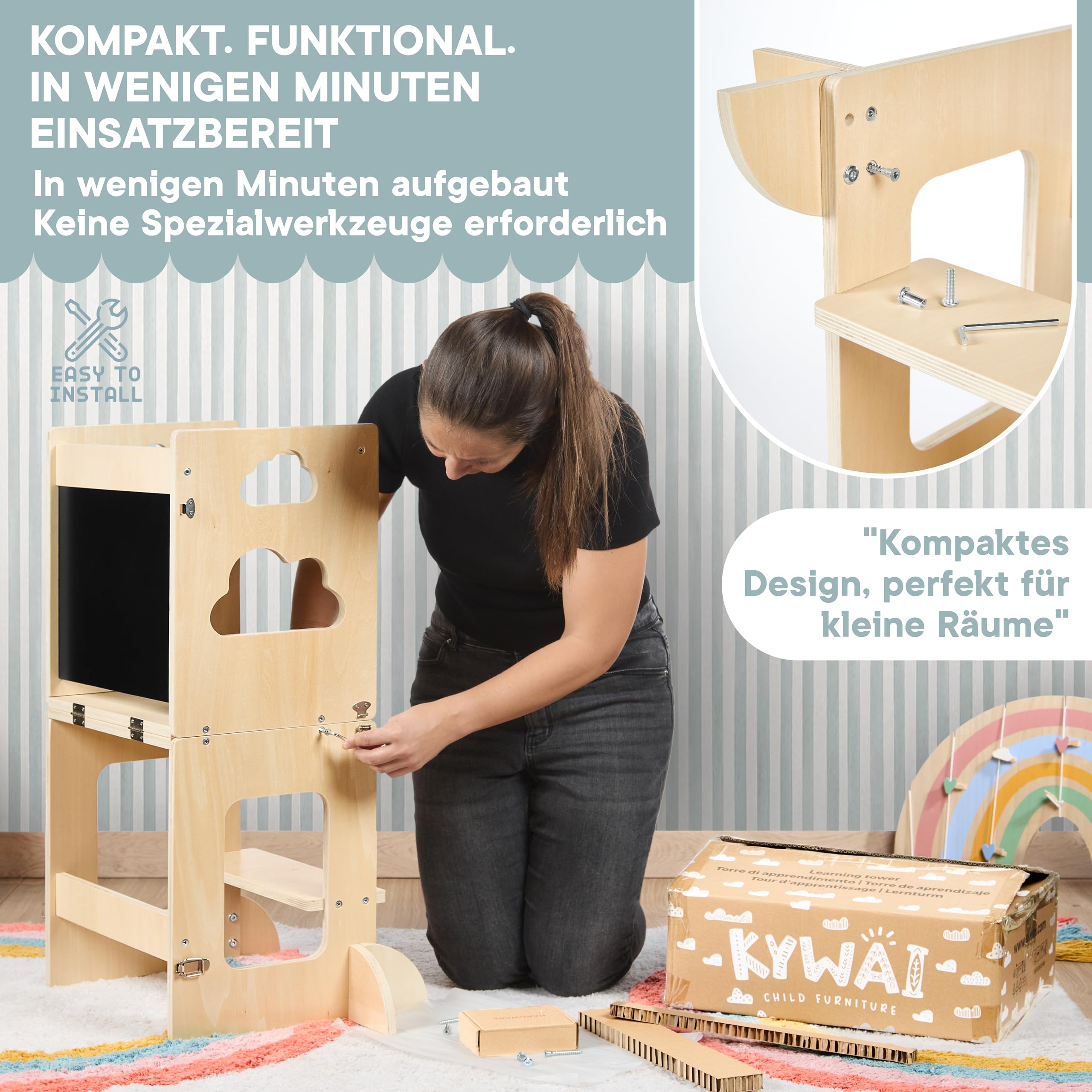 Lernturm ab 1 Jahr Klappbar mit Tafel – 3-in-1 Montessori Learning Tower, Tisch & Stuhl – Höhenverstellbar, Kippsicher, Birkensperrholz – Lernturm Kinder Küche bis 75 kg (Naturholz)