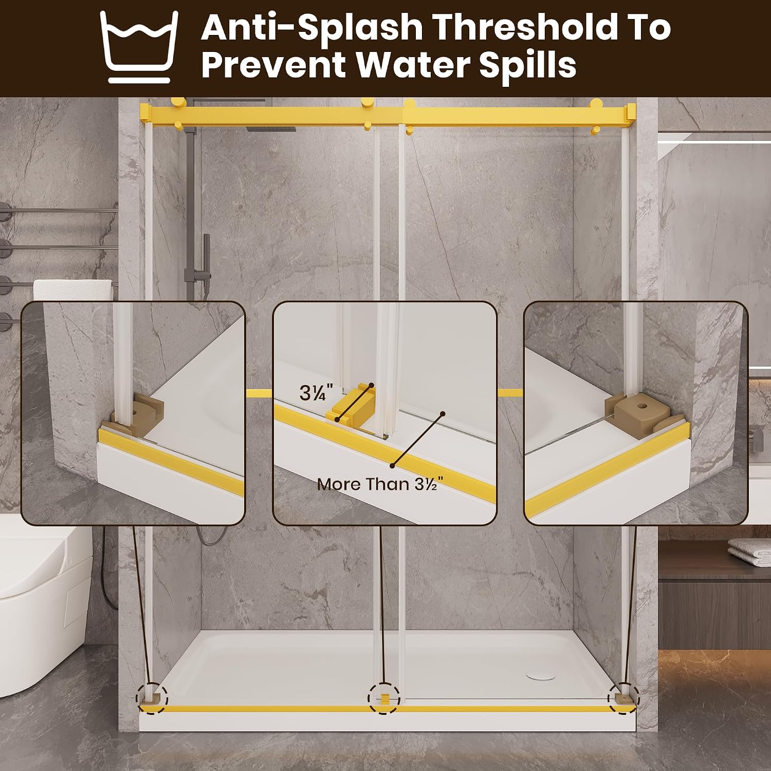 56 to 60'' W x 76'' H Frameless Shower Door, Double Sliding Shower Door with Premium 1/4" (6mm) Thick Tempered Glass, Stainless Steel, Brushed Gold