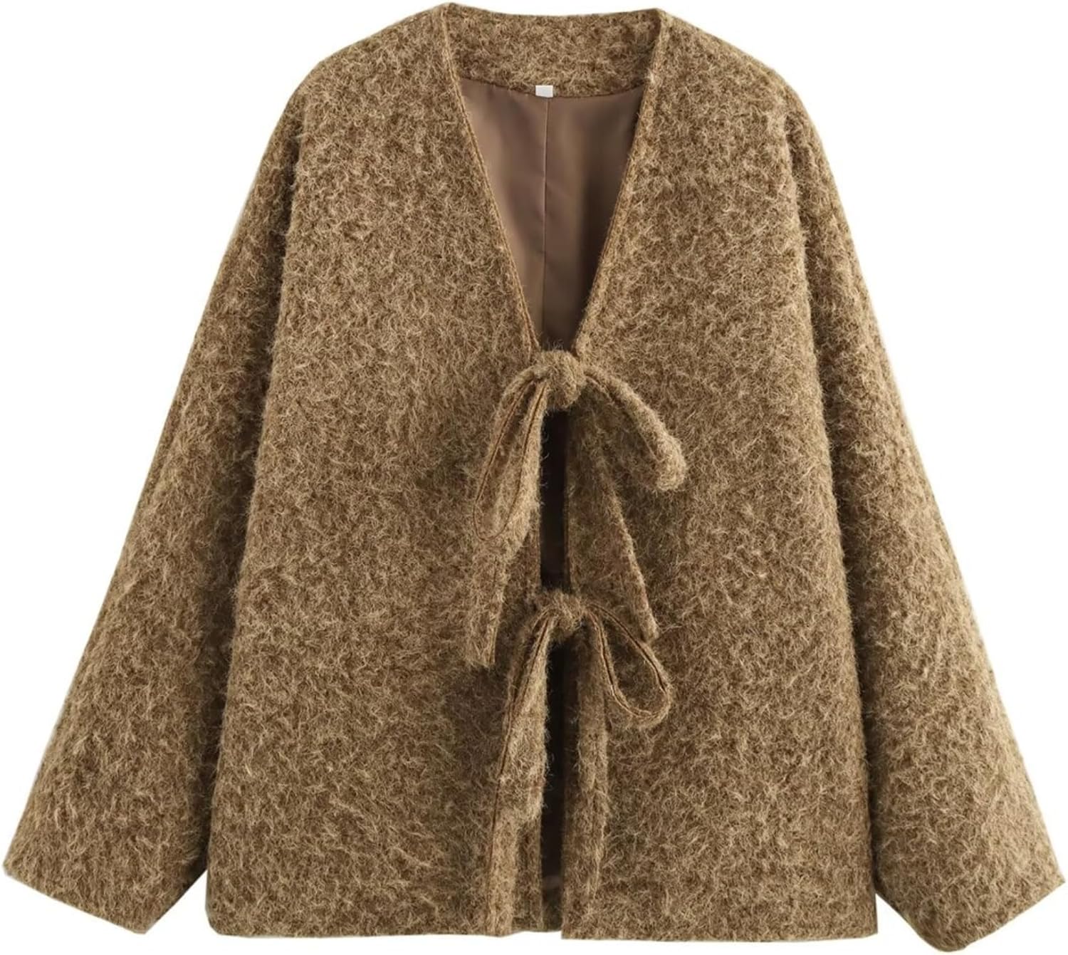 Perbai Women's Tie Front Bow Cardigan Jacket Fuzzy Wool Blend Long Sleeve Batwing Oversized Winter Trench Coats