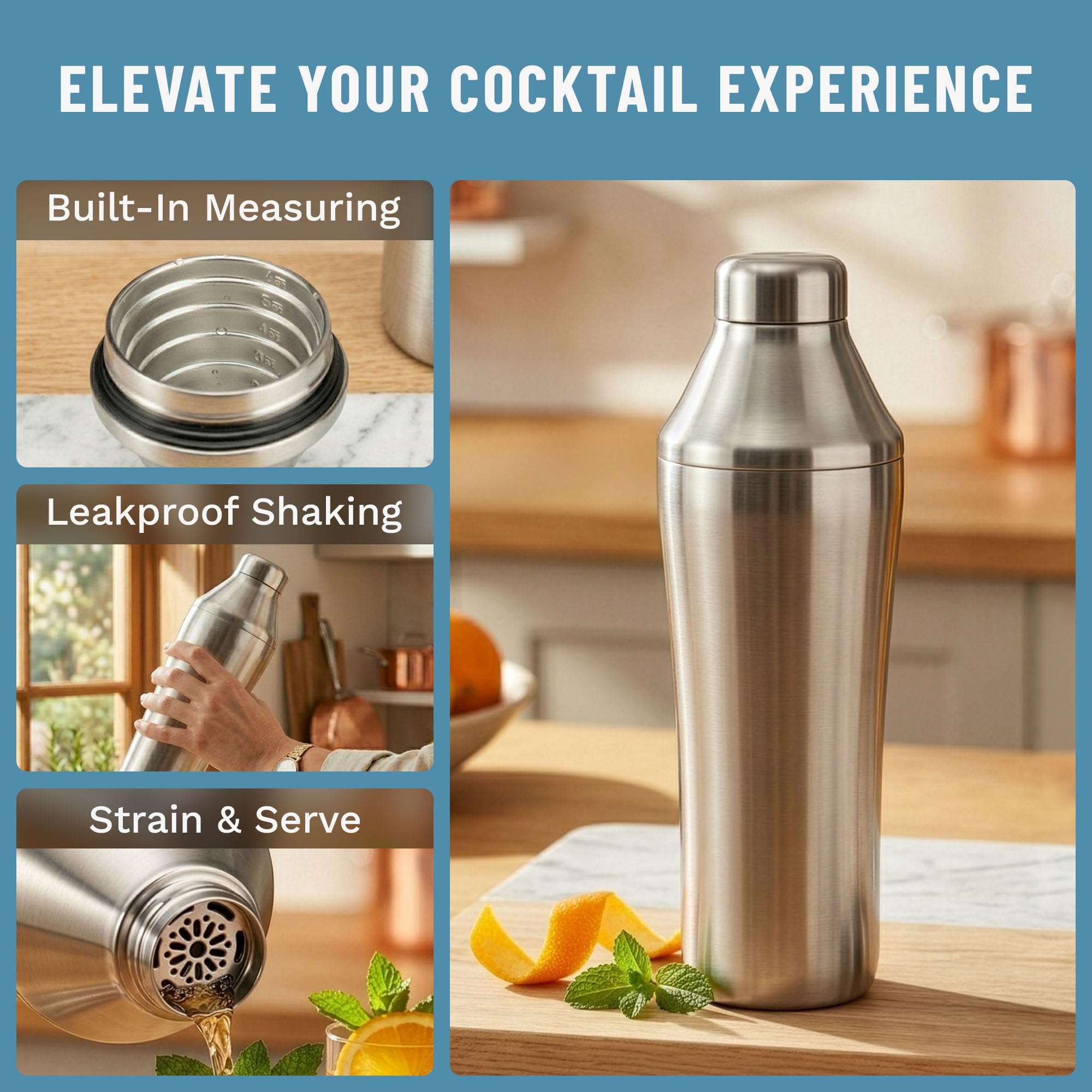 Elevated Craft Hybrid-Cocktailshaker, hochwertig, vakuumisoliert, aus Edelstahl, innovatives Messsystem, verbessern Sie Ihre Hausbar, 828 ml Gesamtvolumen