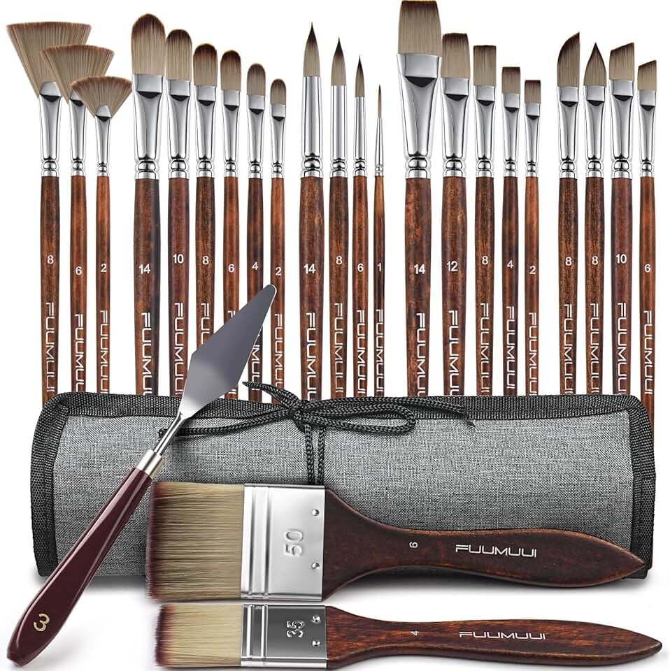 Fuumuui 25pcs Paint Brush Set, Professional 9 Shapes with Wide Flat, Filbert, Fan, Dagger, Cat Tongue, Round, Angle, Rigger for Ac