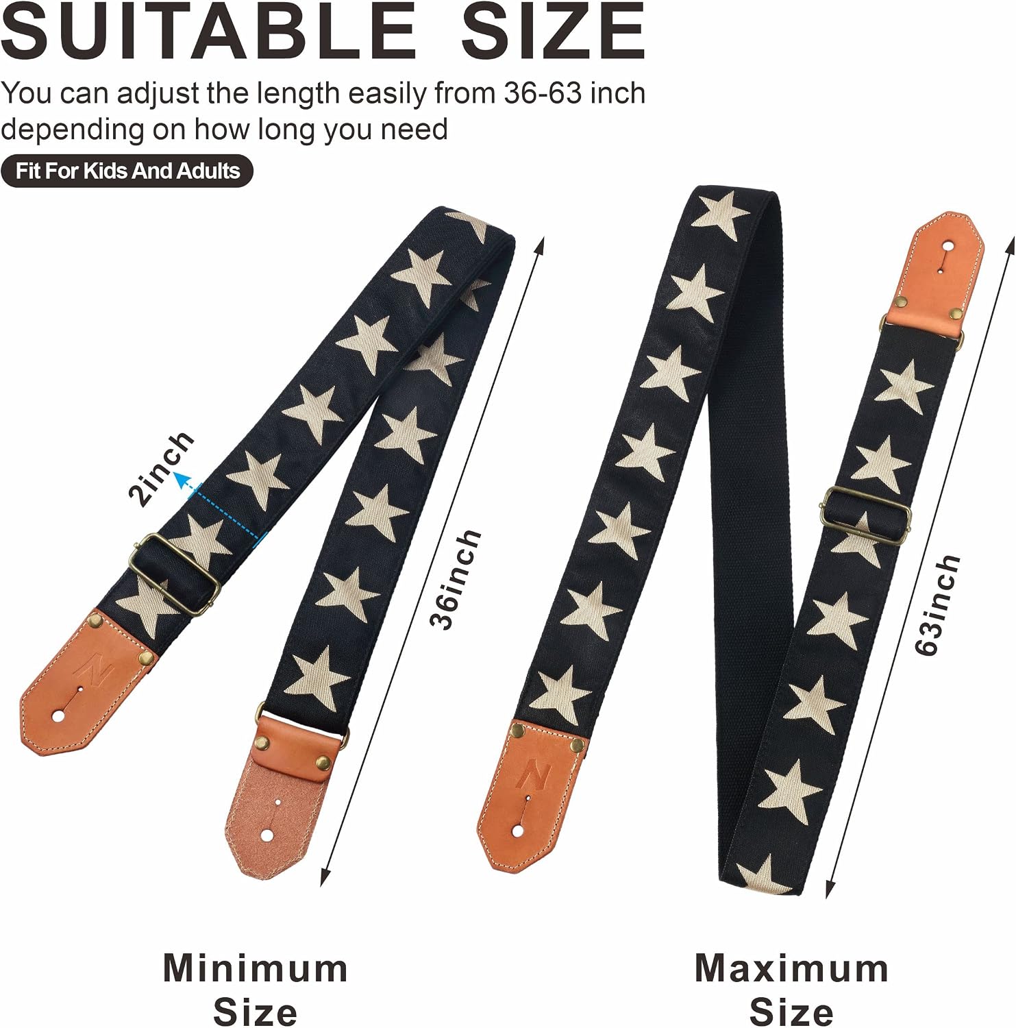 Nefelibata Cool Woven Guitar Strap -Cotton Guitar Straps with Thicked First Layer Vegetable Tanned Cowhide Leather Ends for Acoustic, Bass, Electric, Best Gift for Your Love Guitarists(Star)