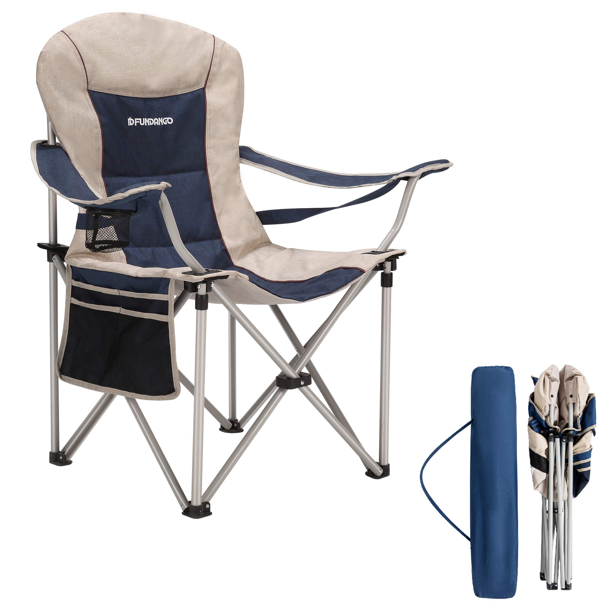 FUNDANGO Portable Luxury Lumbar Support Folding Camping Chair with Padded Seat Oversized Foldable Collapsible Stable Super Comfy for Adults with Carry Bag for Outdoor Camp, Lawn, Fishing, Sports