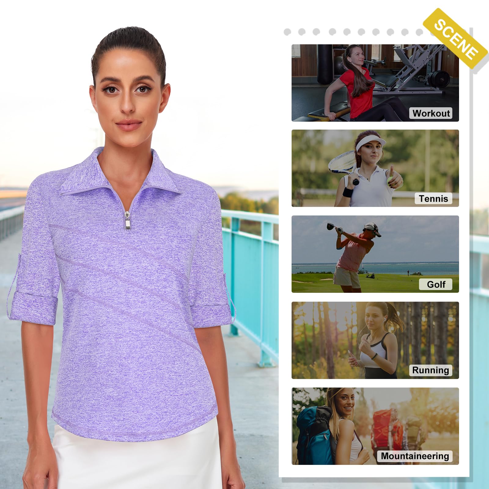 Koscacy Damen-Poloshirt, 3/4-Rollärmel, LSF 50+, halber Reißverschluss, trockene Passform, Workout-Top, athletisches Shirt