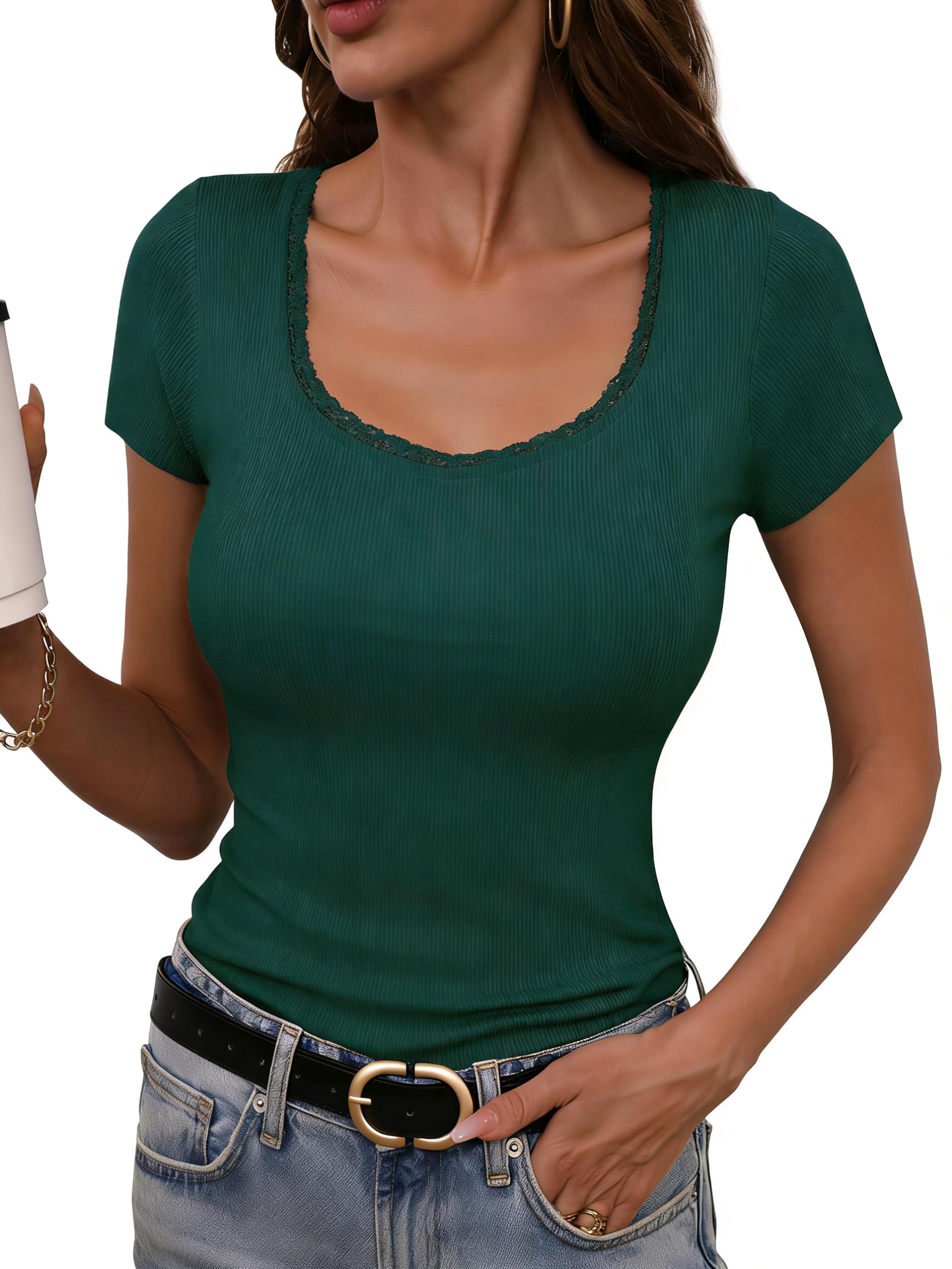 Terecey Tshirt Damen Basic Slim Fit Einfarbig Tops Sommer Sexy Tee Kurzarm Elegant Shirts Stretch Ribbed Oberteile S-XXL