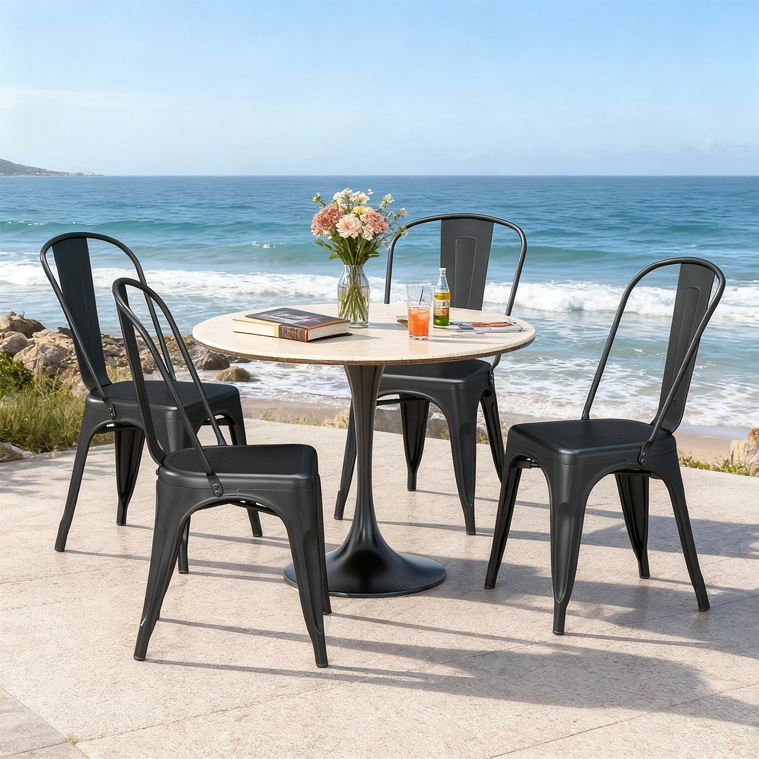 Metal Dining Chair Indoor Outdoor Stackable Side Chairs with Back Set of 4 for Patio Black