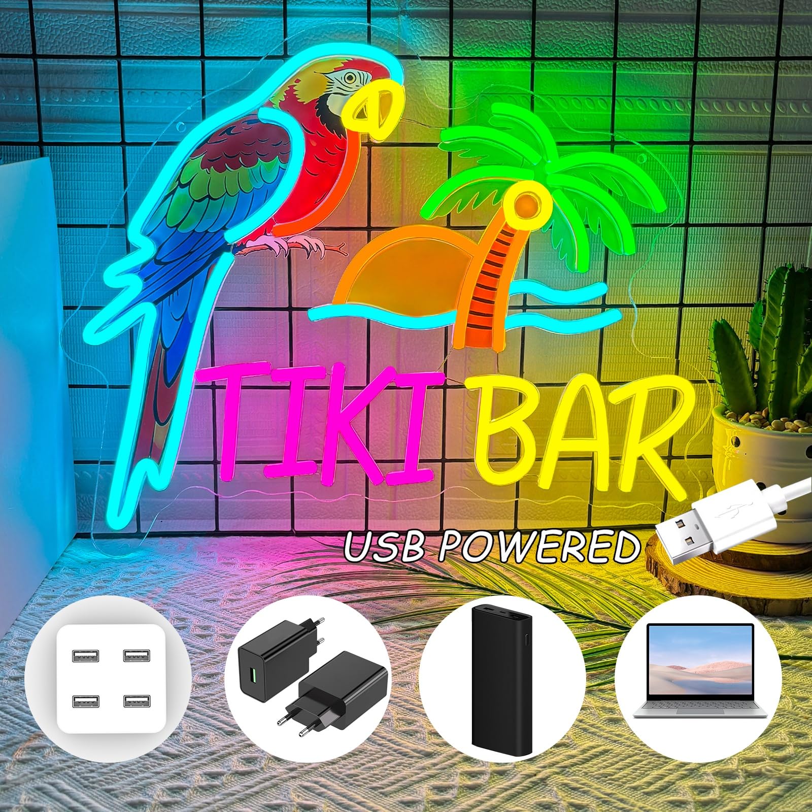 Tiki Bar Targa neon tropicale pappagallo palma LED luce al neon alimentata tramite USB, dimmerabile, spiaggia, tramonto, bar, illuminazione a LED, decorazione da parete per casa, grotta degli uomini