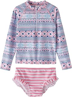 Toddler Girls Swimsuit Zip Swimwear 2 Pieces Rash Guard Sets 2-12T | Long Sleeve Bathing Suit Floral Printed ,UPF 50+ Sun Protection,Zipper Two Piece Swimming Beach UV Protective