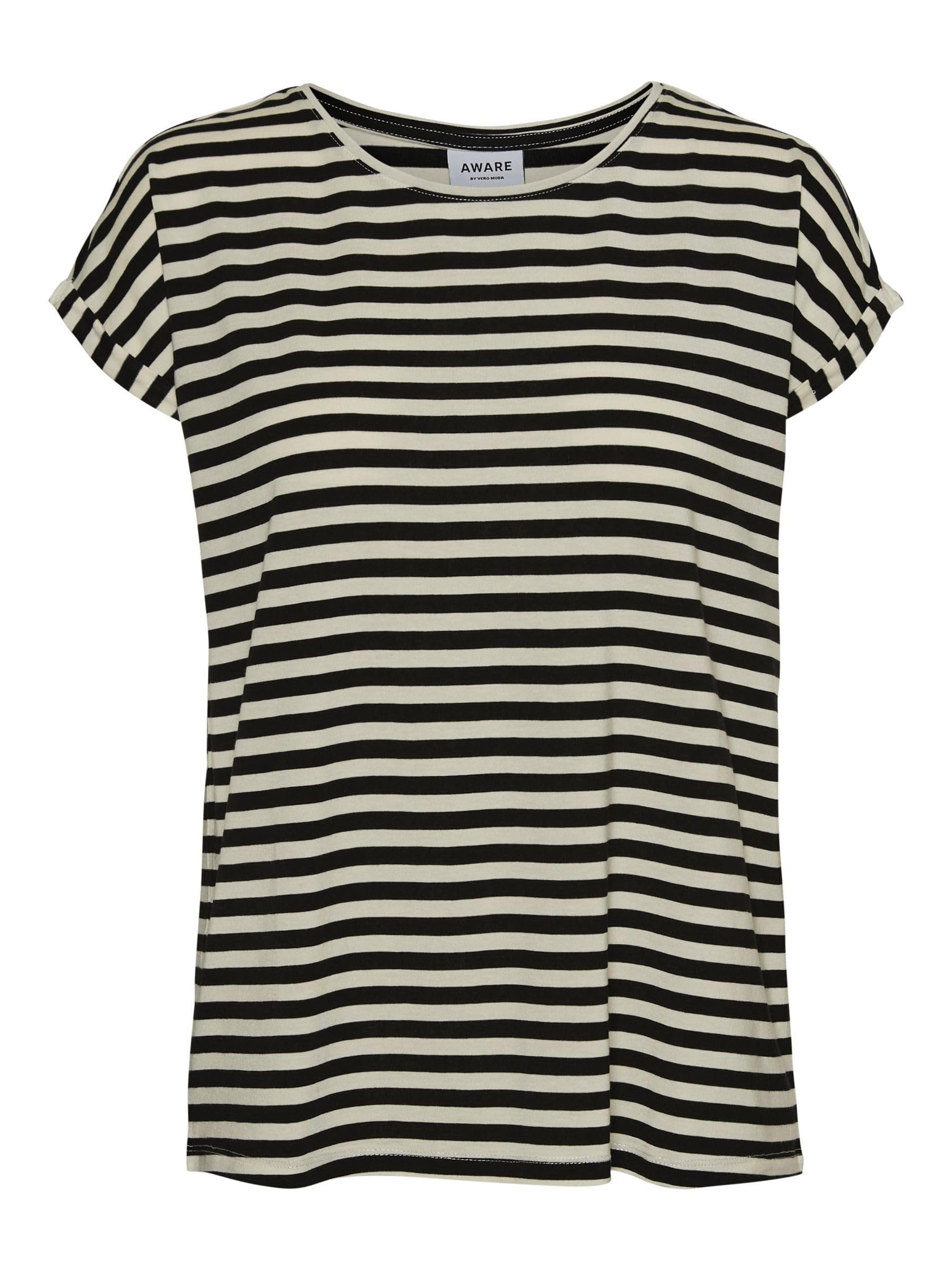 VERO MODA CURVE Women's Vmaya Plain SS Top Stripe Ga Noos Curve T-Shirt, Black/Stripes:Pristine, M