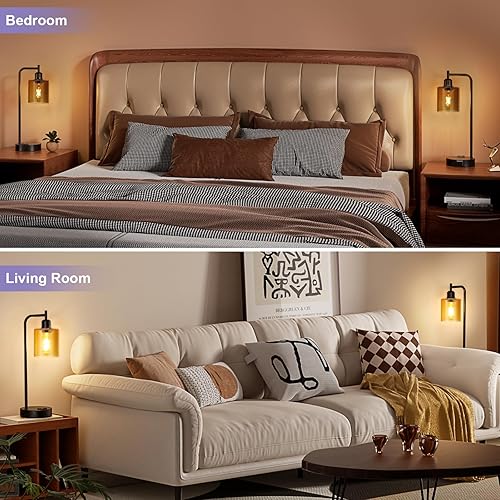 Miniatura 5 de Juego de 2 lámparas de mesa de noche industriales táctiles para dormitorio, lámparas de mesa regulables de 3 vías con puertos USB C+A y