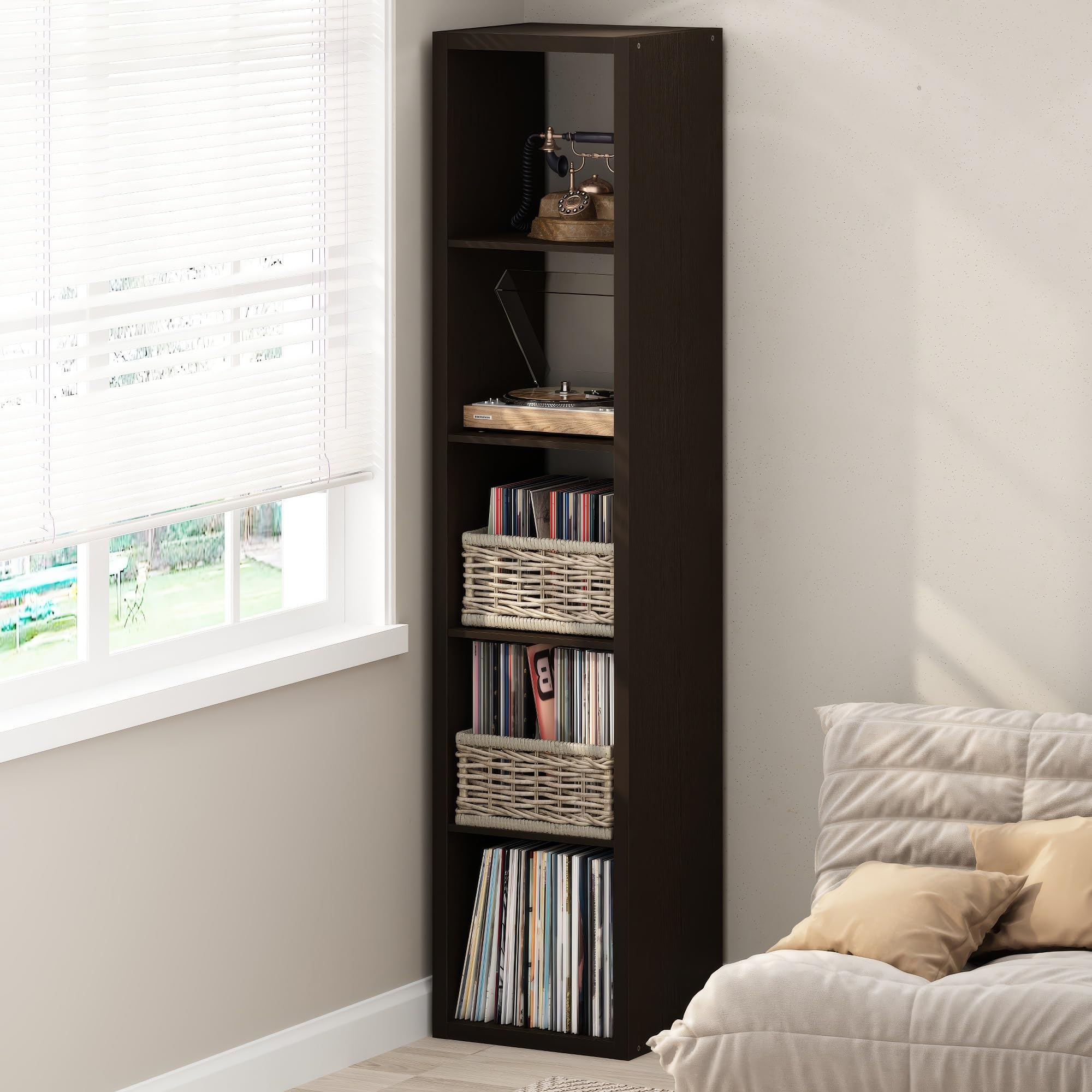 Furinno Cubicle Record Player Stand, 5-Cube Record Storage, Dark Oak