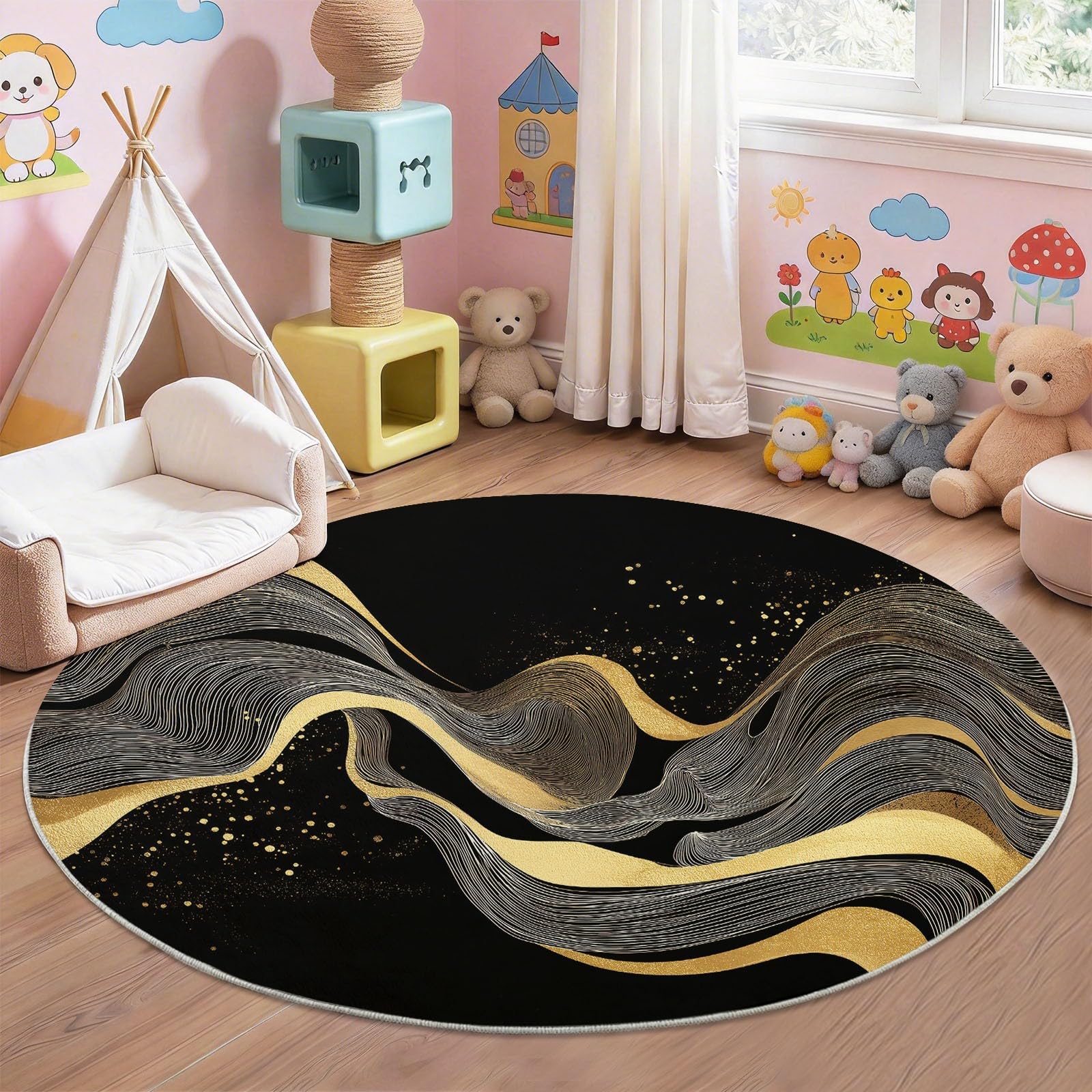 Nero 160 cm (Round) Tappeto Rotondo Salotto Stile giapponese increspature fantasia, Lavabile e Antiscivolo, Morbido Tappeto per Camera da Letto e Soggiorno, per la Protezione del Pavimento