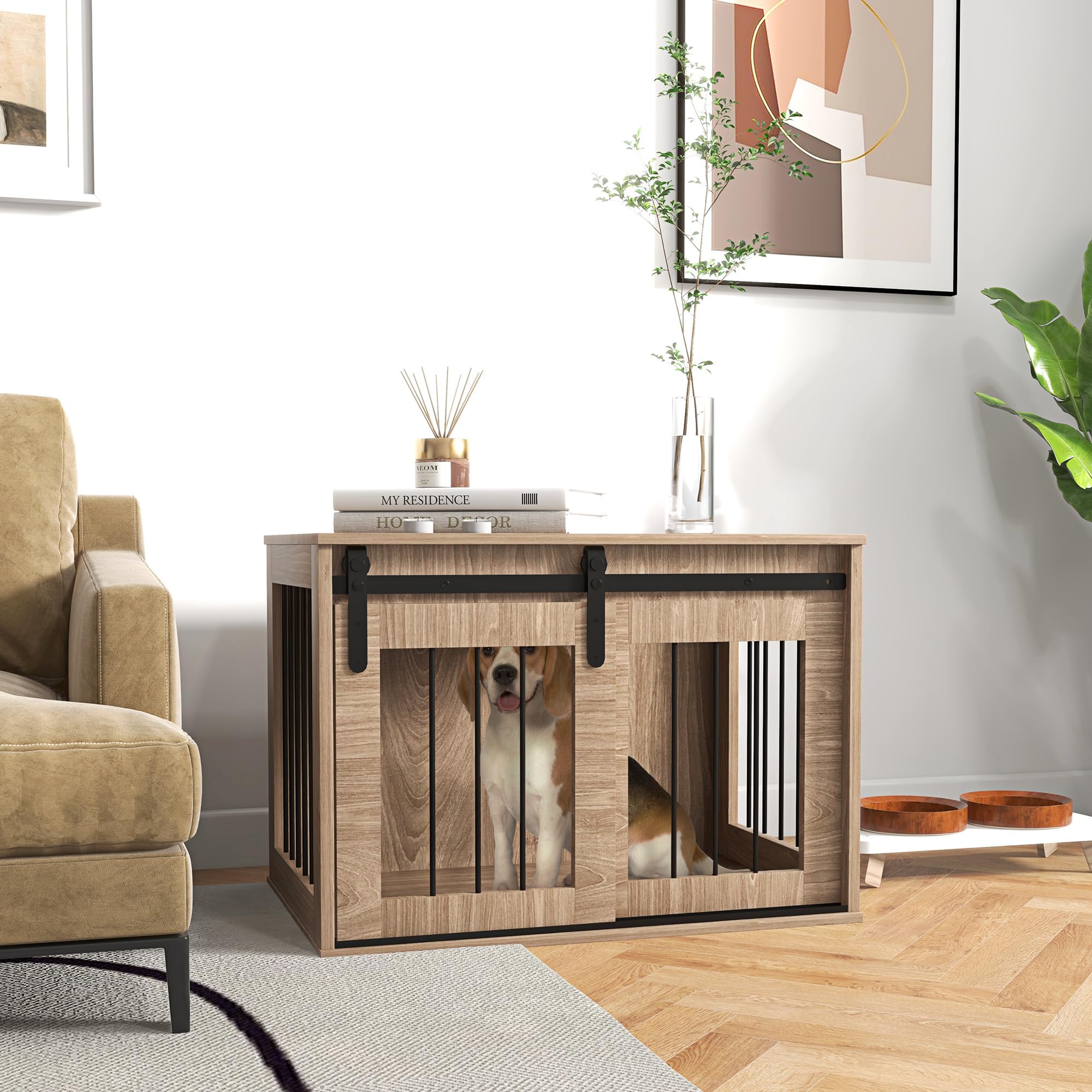 PawHut Klatka dla psa Domek dla psa Kryty mebel Klatka dla psa 1 drzwi przesuwne, stolik pomocniczy, efekt drewna, wymiary 57H x 80 L x 54 l, brązowy