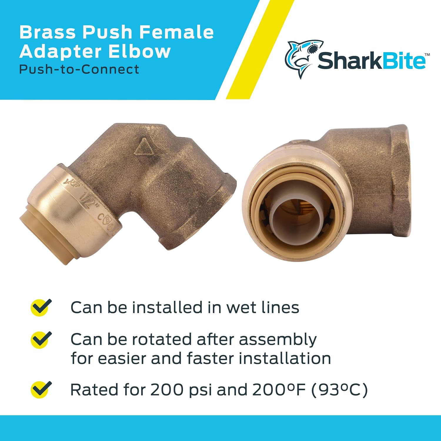 SharkBite 1/2 Inch x 1/2 Inch 90 Degree Female Adapter Elbow, Push to Connect Brass Plumbing Fitting, PEX Pipe, Copper, CPVC, PE-RT, HDPE, U308LFA