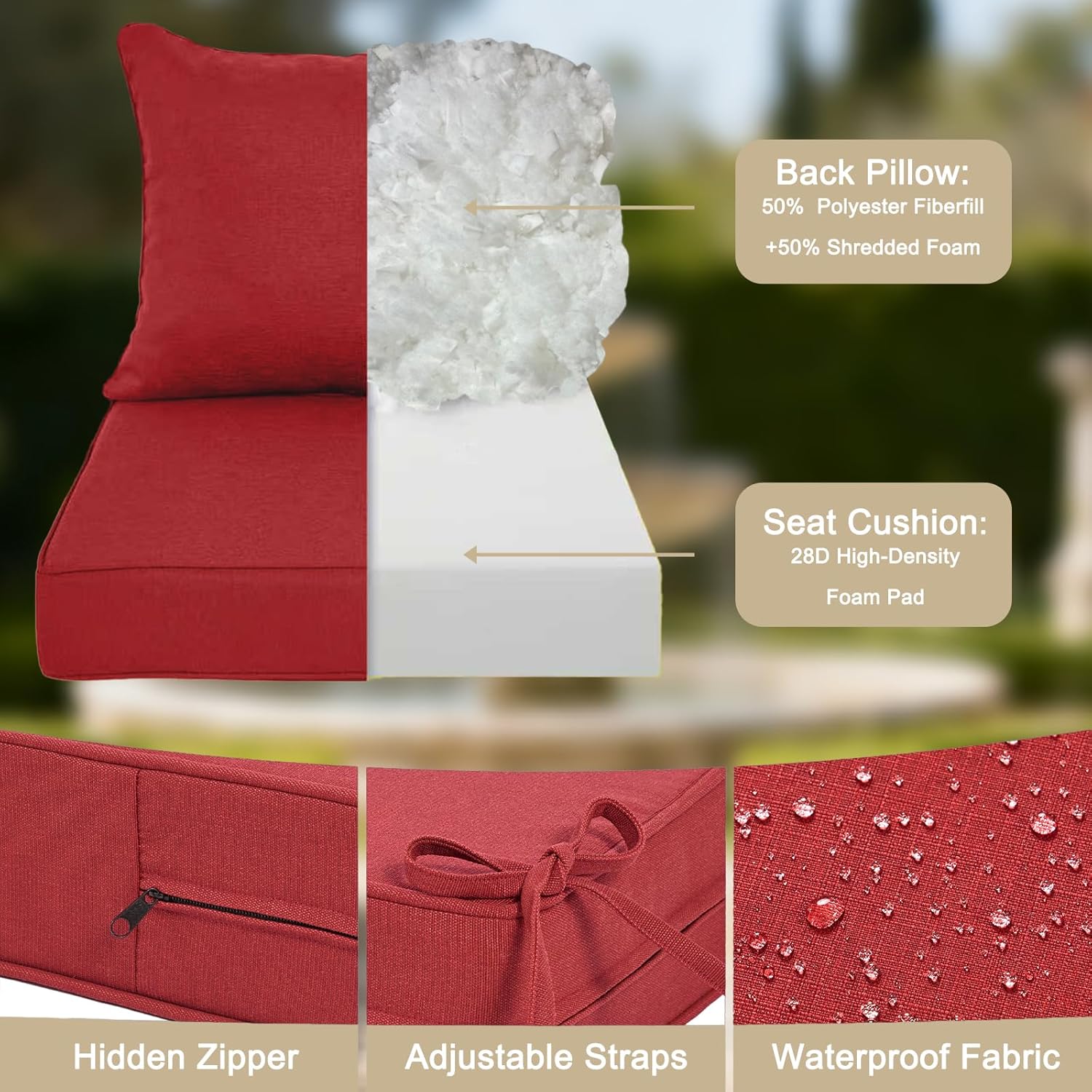 Outdoor Deep Seat Cushion Set 22 x 24 x 5 Inch Waterproof & Fade Resistant Patio Cushion for Chair, Sofa, and Couch with Removable Cover and Ties,Chili Red