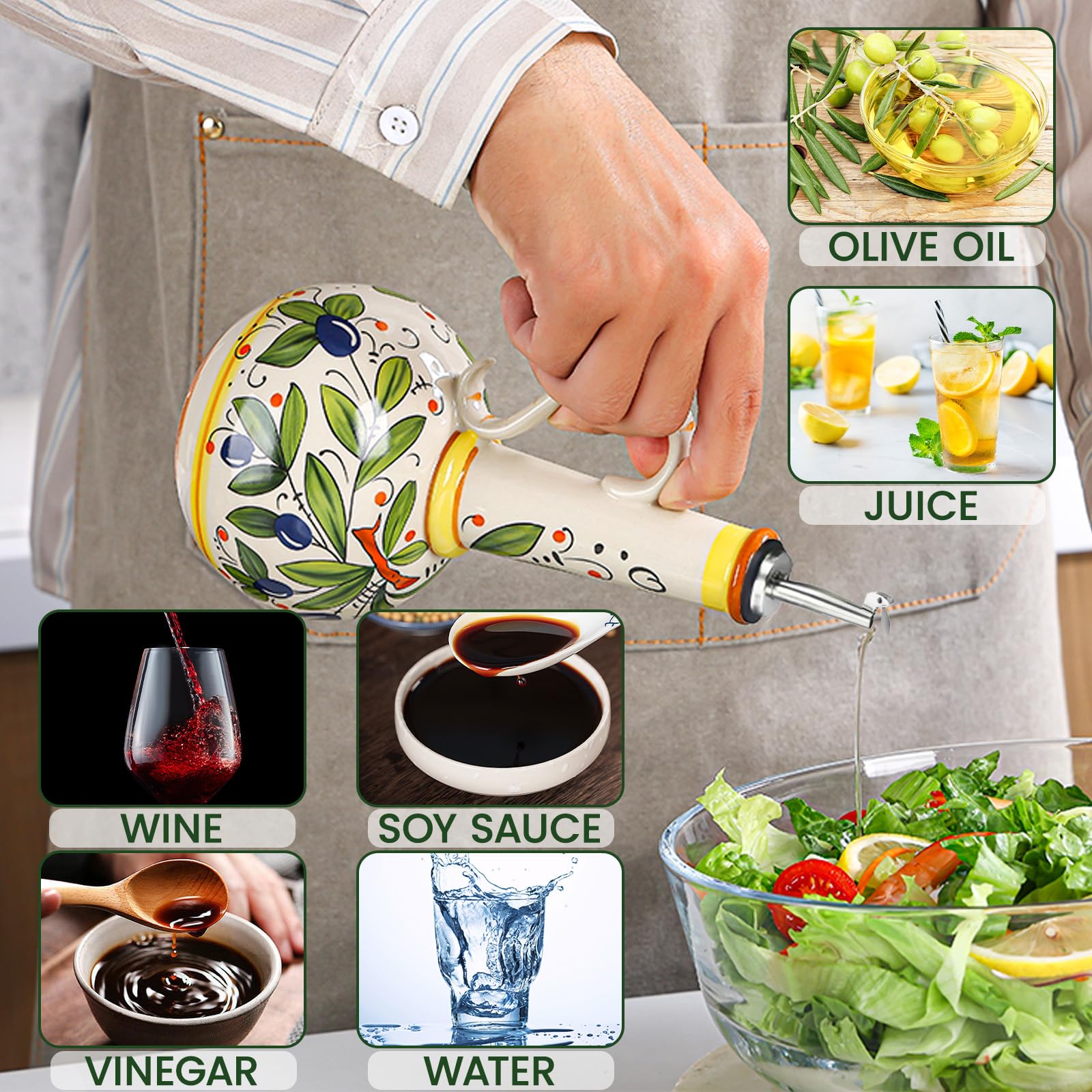 Botella dispensadora de aceite de oliva, dispensador de aceite de cerámica pintado a mano con acero inoxidable y tapa de sellado de silicona, gran capacidad de 400 ml, dispensador de botellas