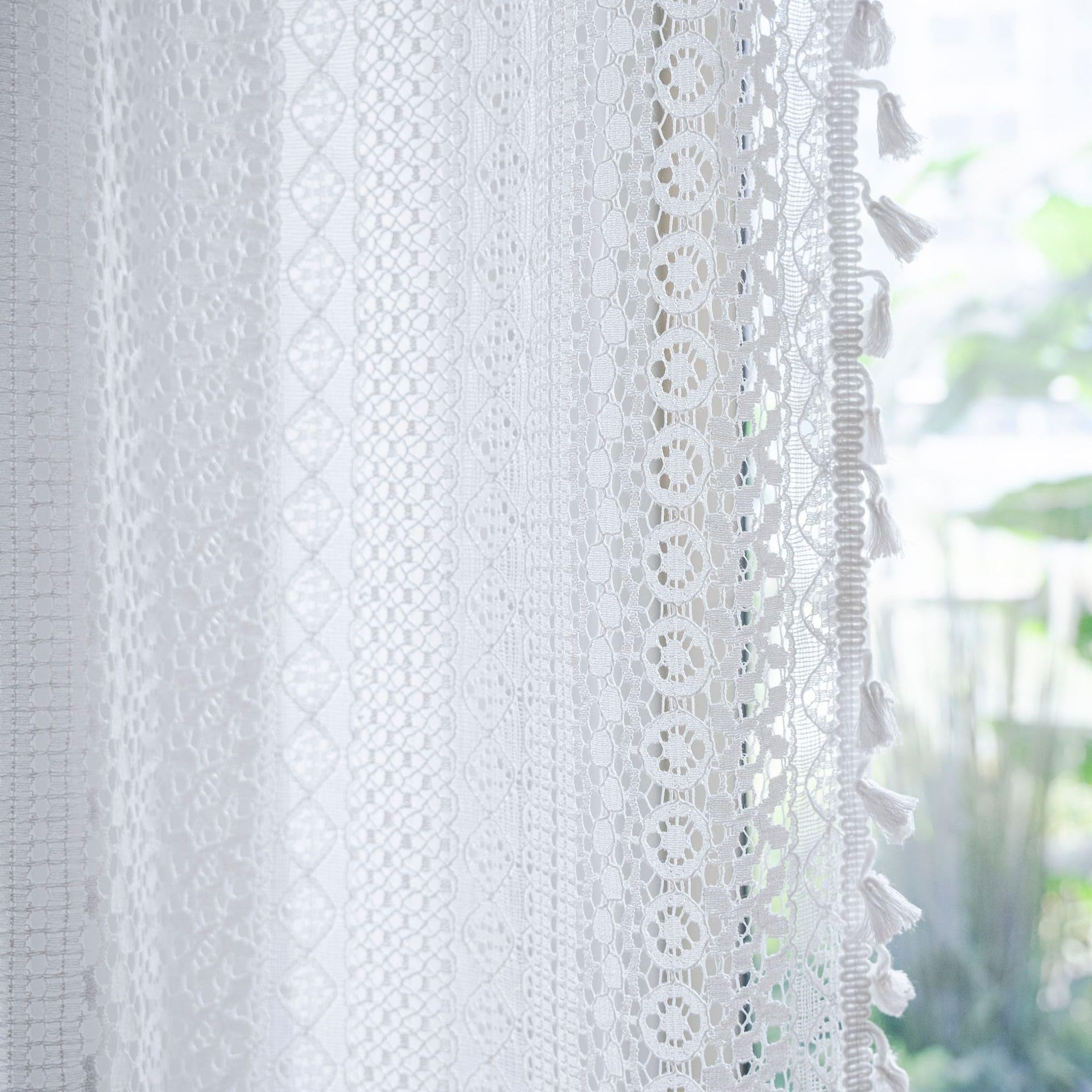 Rideaux à pompons en crochet de coton avec passe-tringle - Motif carré - Style rural - Pour chambre à coucher et salon - 150 x 240 cm