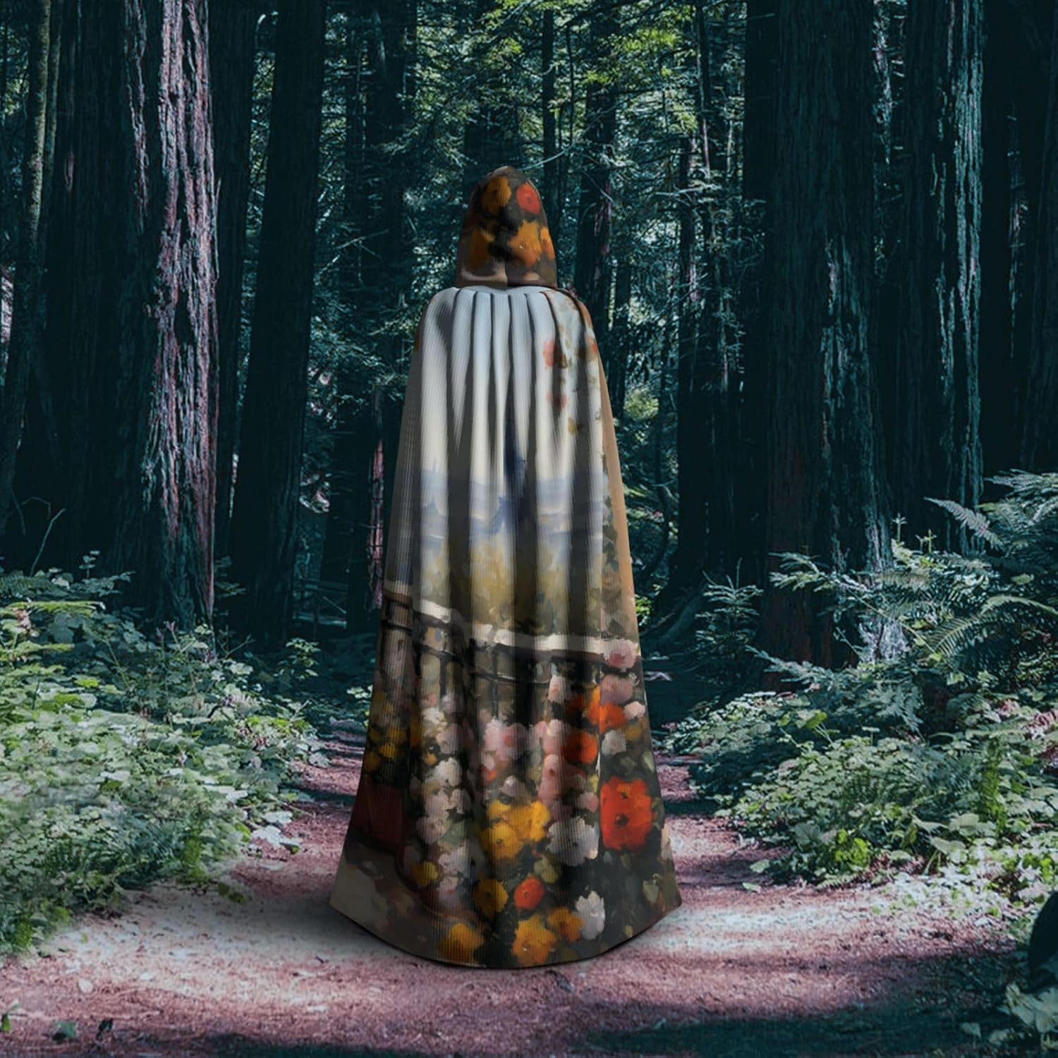 Unisex Full Length Hooded Halloween Christmas Party Robe Cloak Cape Cosplay Costume Men Women Beautiful Terrace Prints Black