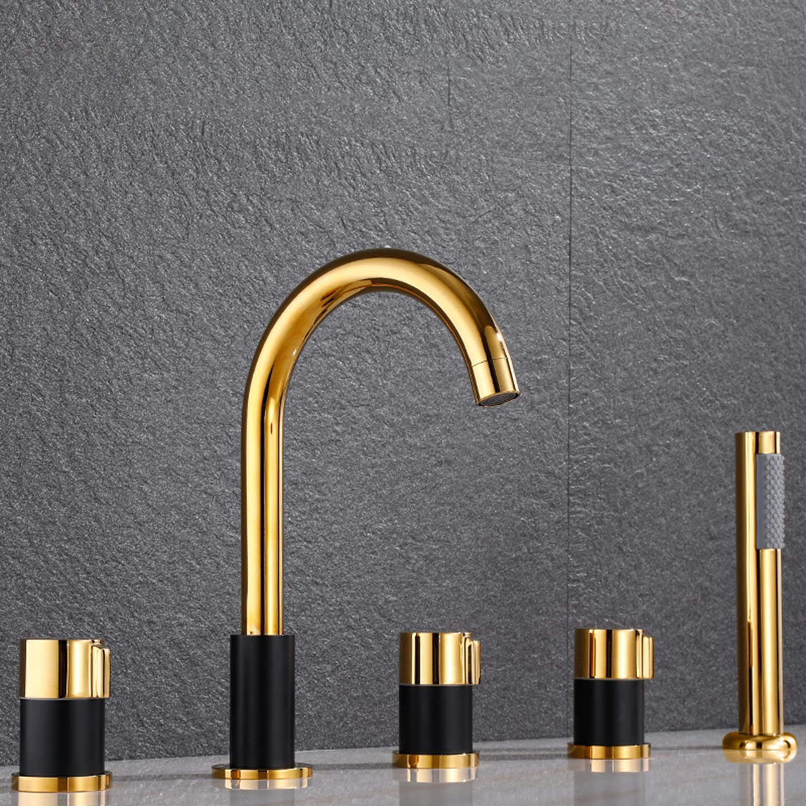 SWENEEN Modern Gold & Black Bath Mixer Tap Set With Pull-Out Hand Shower & Waterfall 5 Hole Bathroom Tub Faucet For Luxurious Spa Experience,Gold and Black