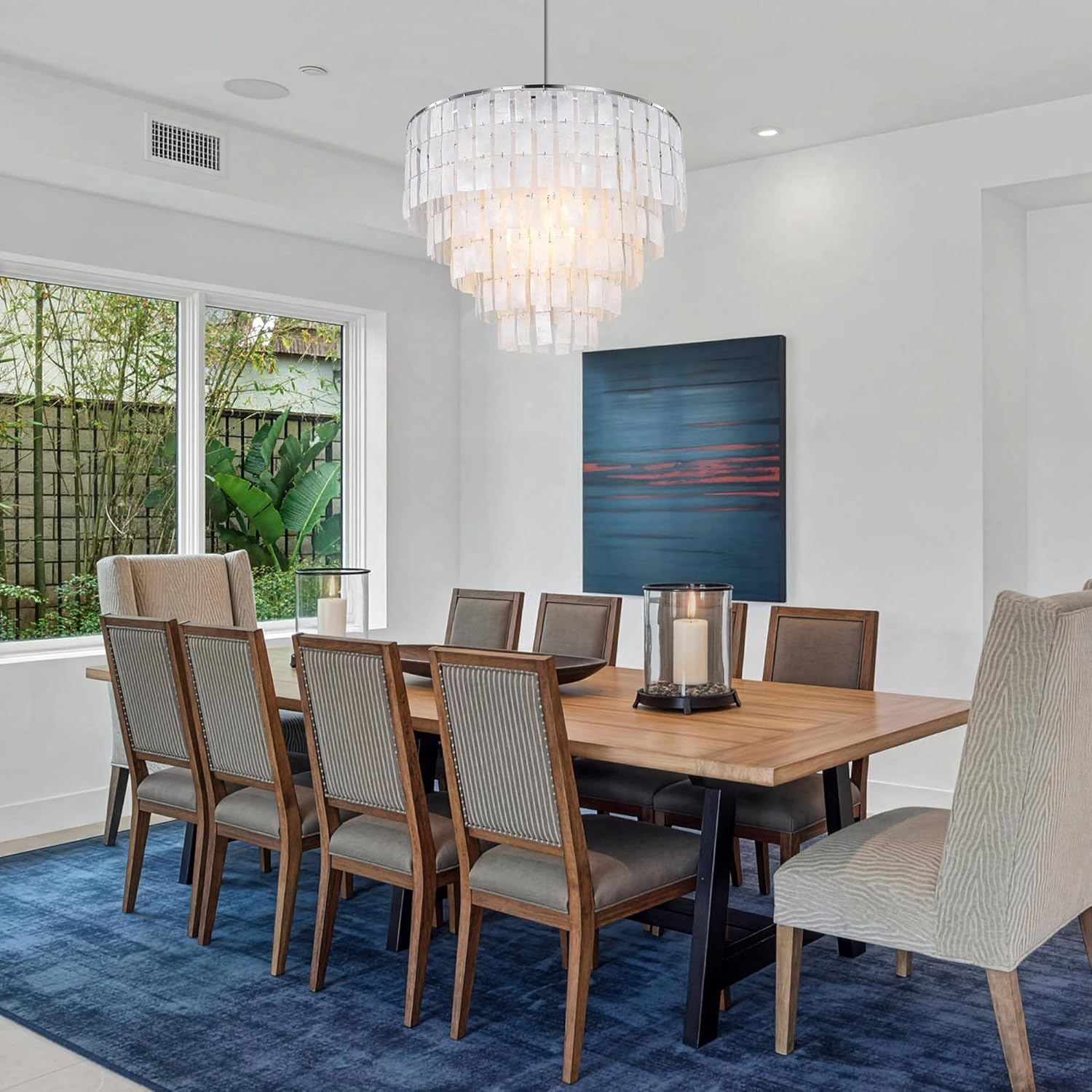 TOCHIC Capiz Shell Chandelier, 6-Light Chandelier for Dining Room, Coastal Chandelier with Natural Shells, Round Boho Light Fixtures for Bedroom, Living Room, Kitchen and Foyer, Chrome, W-23.62"