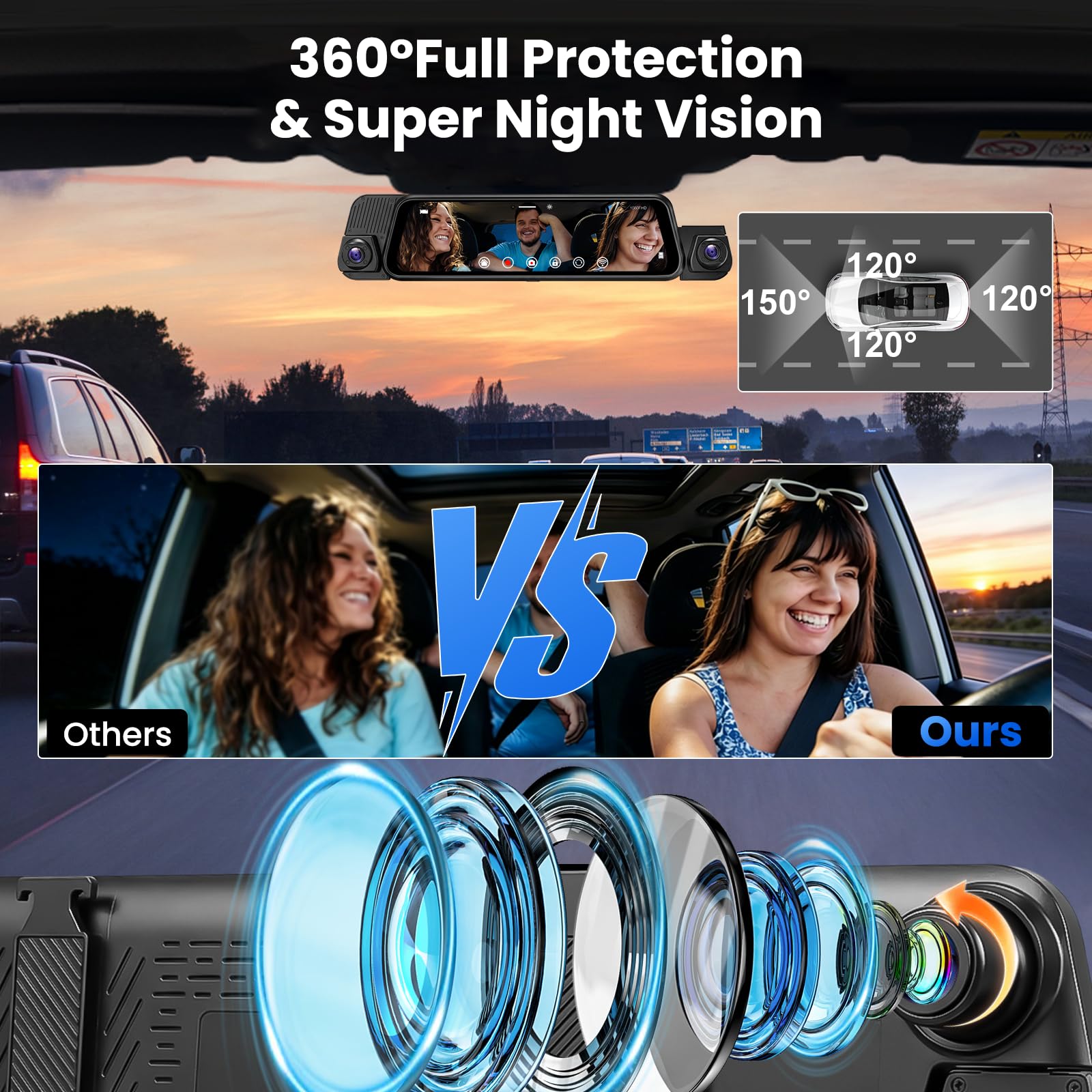 10" Espejo Retrovisor Dashcam Pantalla Tácti, Delantera Trasera Izquierda y Derecha 4cámaraStreaming Media con Tarjeta 64 G Lente Doble Súper Visión Nocturna, G-Sensor/Grabación en Bucle